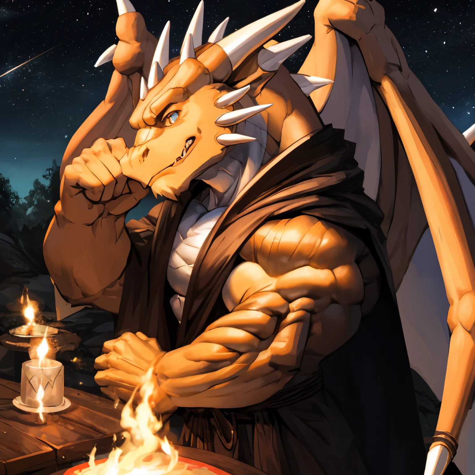 (Wearing a gorgeous robe)，(There is a scar on the arm), (Make powerful moves:1.3),(SFW) Work, Jazz and Ross Draw, Popular topics on artstation pixiv, on pixiv, guys, high resolution committee, pixiv, (Male dragon:1.3), pixiv style,, Highest rated on pixiv, pixiv contest winners,(The pupils of the two eyes are different colors:1.3),(High in the night sky:1.1),The stars shine,(magic all around:1.1),(cloak:1.2),solo,(Robust:1.3),(muscle:1.3),covered in wounds,confidence,More details,(Dragon Wings:1.1),HD,(perfect details:1.2),masterpiece,(dragon scale),(close up:1.3),32k,