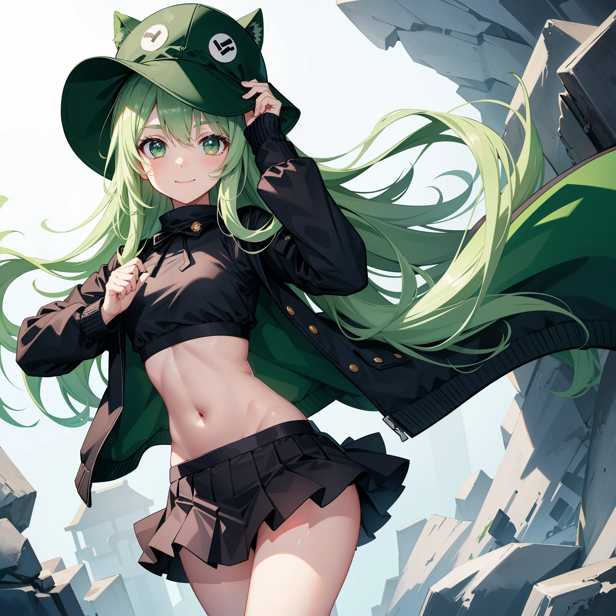 rating:safe, 1girl, solo, blush, smile, closed_mouth, looking_at_viewer, long_hair, long_sleeves, hat, navel, shirt, rain, ribbon, midriff, standing, bangs, neck_ribbon, eyebrows_visible_through_hair, animal_ears, black_ribbon, upper_body, green_eyes, animal_hat, skirt, jacket, boko_(girls_und_panzer)