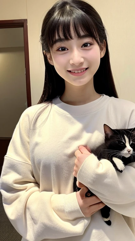 A face like Suzu Hirose、Holding a kitten、wearing oversized sweatshirts、hair tied up、big breast bulge、smiling、 girl、