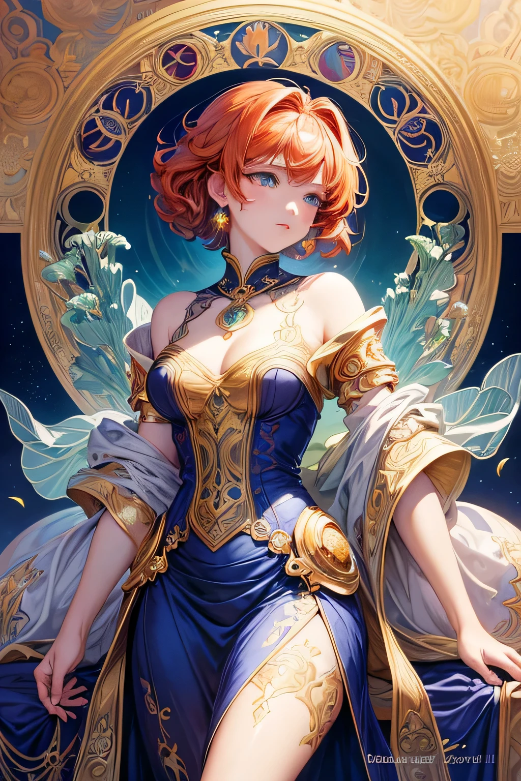 masterpiece, highest quality, (Highly detailed CG Unity 8K wallpaper), (highest quality), (best illustrations), Beautiful woman、aquamarine and gold colored dress, Reddish-orange hair、strong curly short hair、horoscope、Scorpion, Mysterious, Alphonse Mucha, art nouveau line, awesome full color,　watercolor painting　