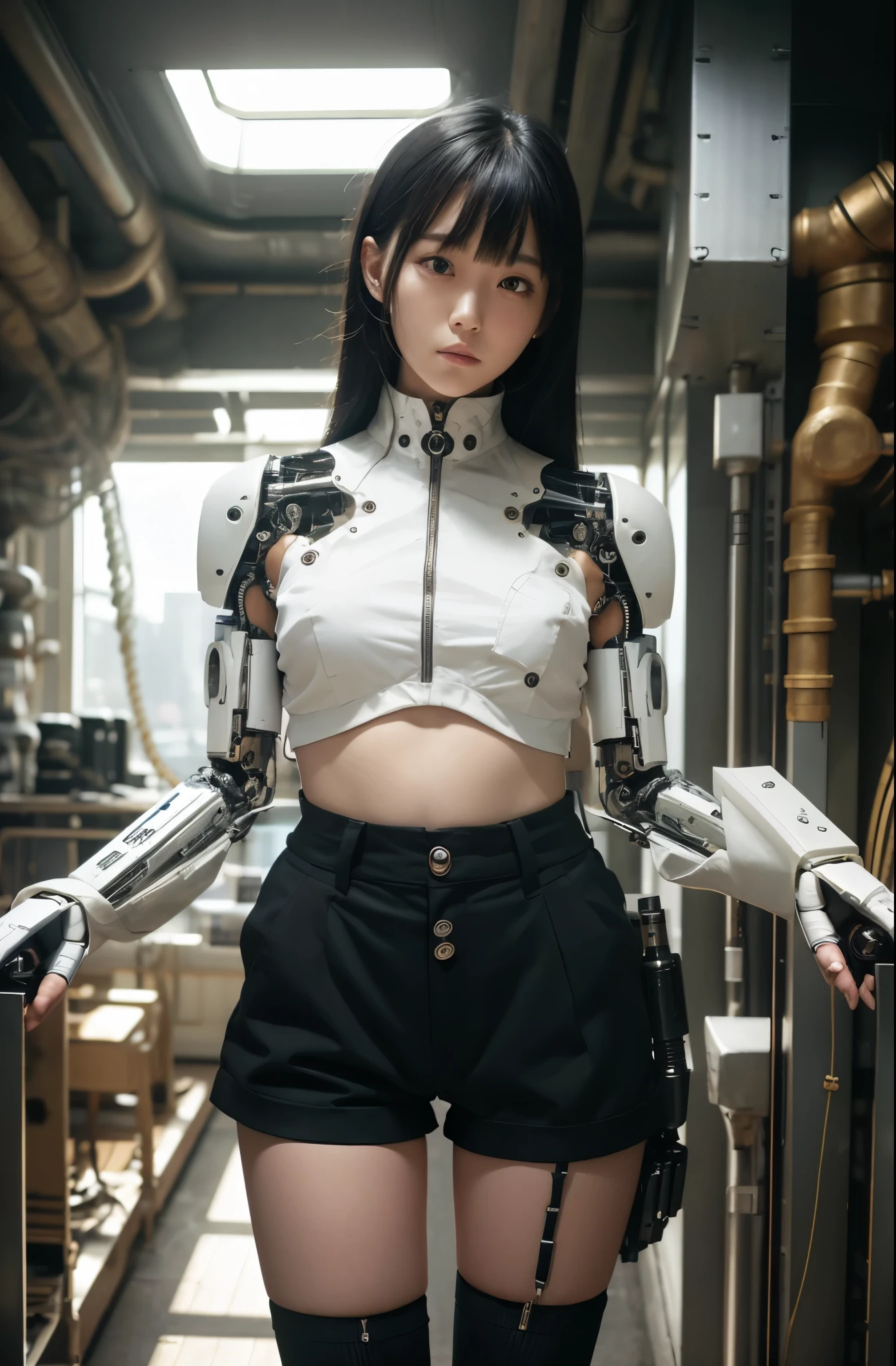 masterpiece, best quality, extremely detailed,8k portrait,Japaese android girl,Plump , control panels,android,Droid,Mechanical Hand, Robot arms and legs, Black hair,Blunt bangs,perfect robot girl,long tube,thick cable connected her neck,android,robot,humanoid,cyborg,japanese cyborg girl ,future laboratory,connecting a cable between the legs,skirt, high socks,(blue eyes:1.5)