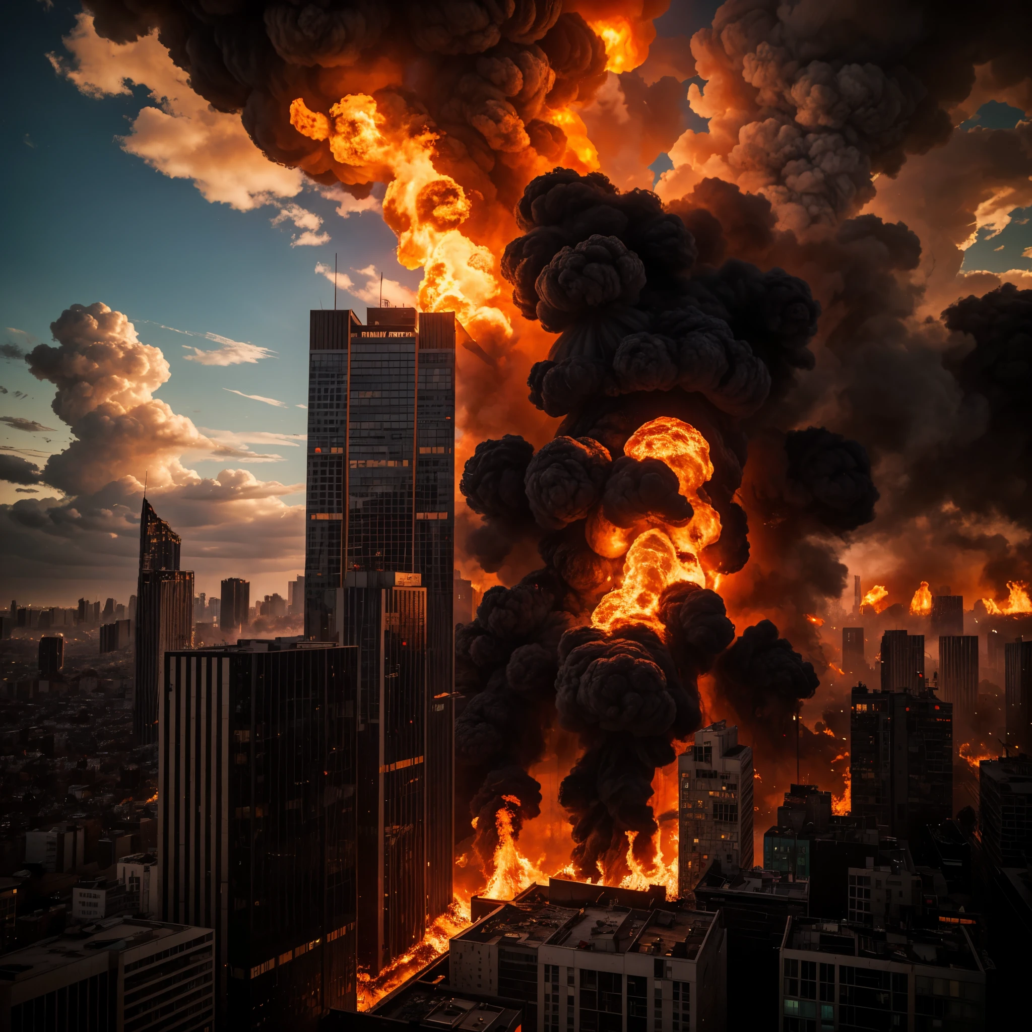 a fiery dart smashes clouds and crashes into a metropolis destroying everything, buildings, streets and killing people. Dramatic atmosphere