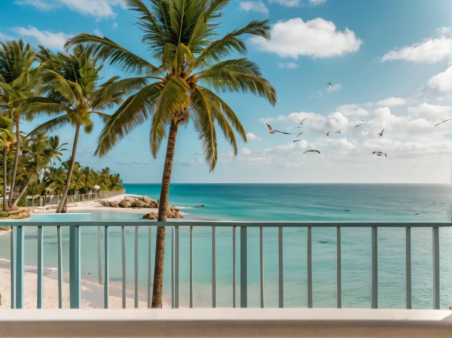 Photo for Discovery magazine: view from the balcony of a luxury hotel on the beach, palm trees and aquamarine sea, blue sky, small clouds and seagulls, Canon EOS 6D Mark II RF 24–70 мм F2.8L IS USM