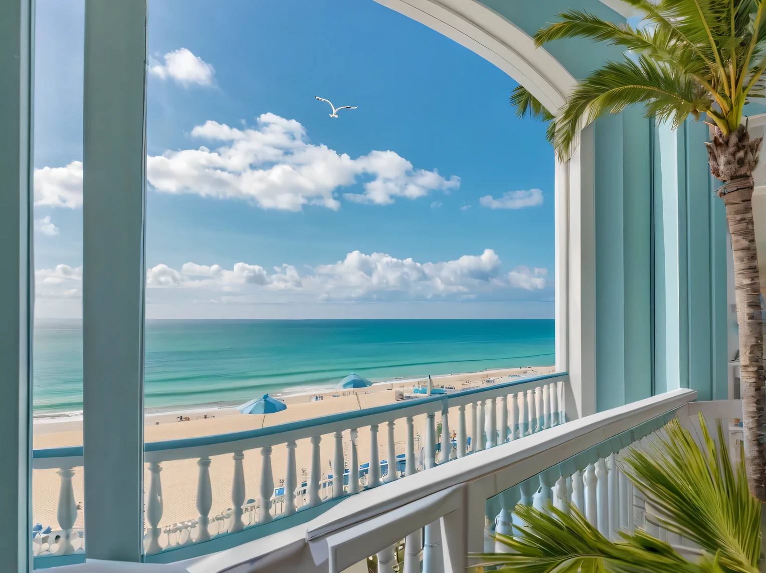 Photo for Discovery magazine: view from the balcony of a luxury hotel on the beach, palm trees and aquamarine sea, blue sky, small clouds and seagulls, Canon EOS 6D Mark II RF 24–70 мм F2.8L IS USM