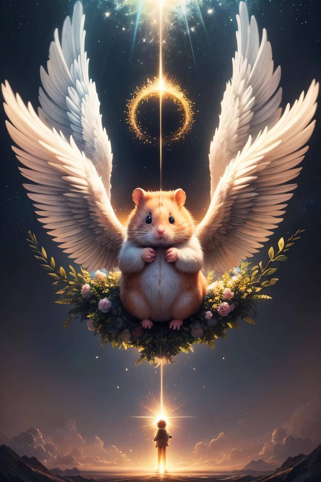 A scene of Genesis, where a cute hamster passes away and ascends to heaven, with its hands clasped together and a halo above its head. It has a pair of incredibly large angel wings, creating an epic masterpiece. The image is of the highest quality, evoking deep emotions in anyone who sees it.