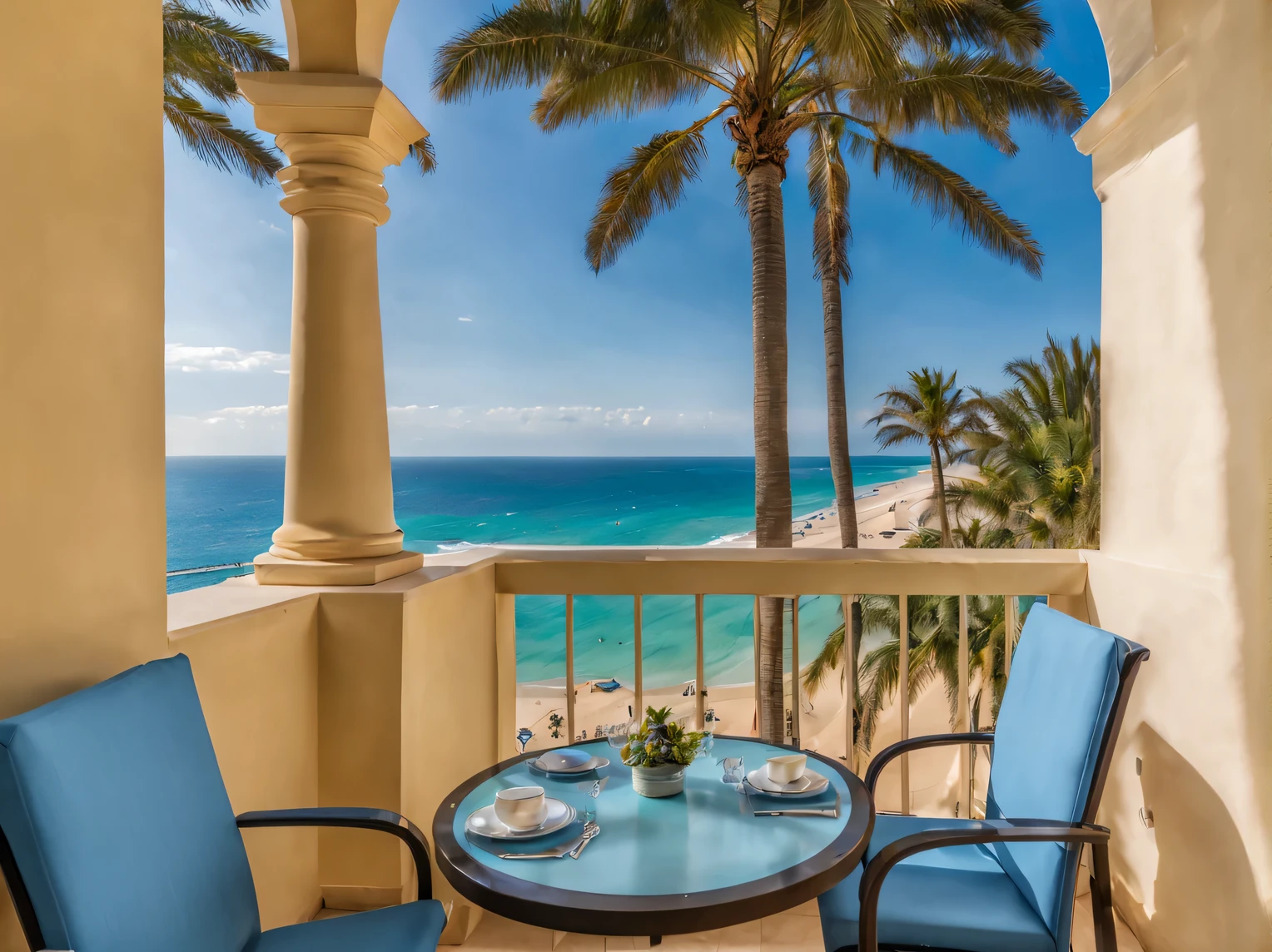 Photo for Discovery magazine - view of the beach from the balcony of a luxury hotel, palm trees and aquamarine sea, blue sky, small clouds and seagulls, you can see the balcony railing, luxury yachts on the horizon, Canon EOS 6D Mark II RF 24–70 мм F2.8L IS USM