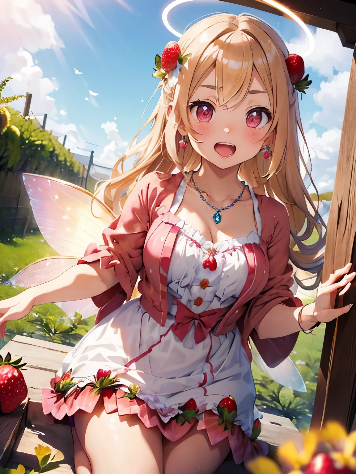 character//1 girl,(Blonde hair with a shiny ring of light:1.2),((Long curled hair:1.2)),(With bangs),((Halo is shining:1.3)),BREAK//(Adorable robe like a princess:1.3),(Colorful Nails),((strawberry colored eyes:1.4)),((Necklaces and earrings that emit beautiful light:1.2)),BREAK//((open your mouth「cute！」and shouting:1.6)),((Lots of flowers around and a fairy that looks like a stuffed animal:1.6)),BREAK//((A pleasant face with lowered eyebrows)),(blush),((close up of face:1.2)),BREAK//((A majestic, paradise-like place:1.3)),(((oversized flower gate))),
