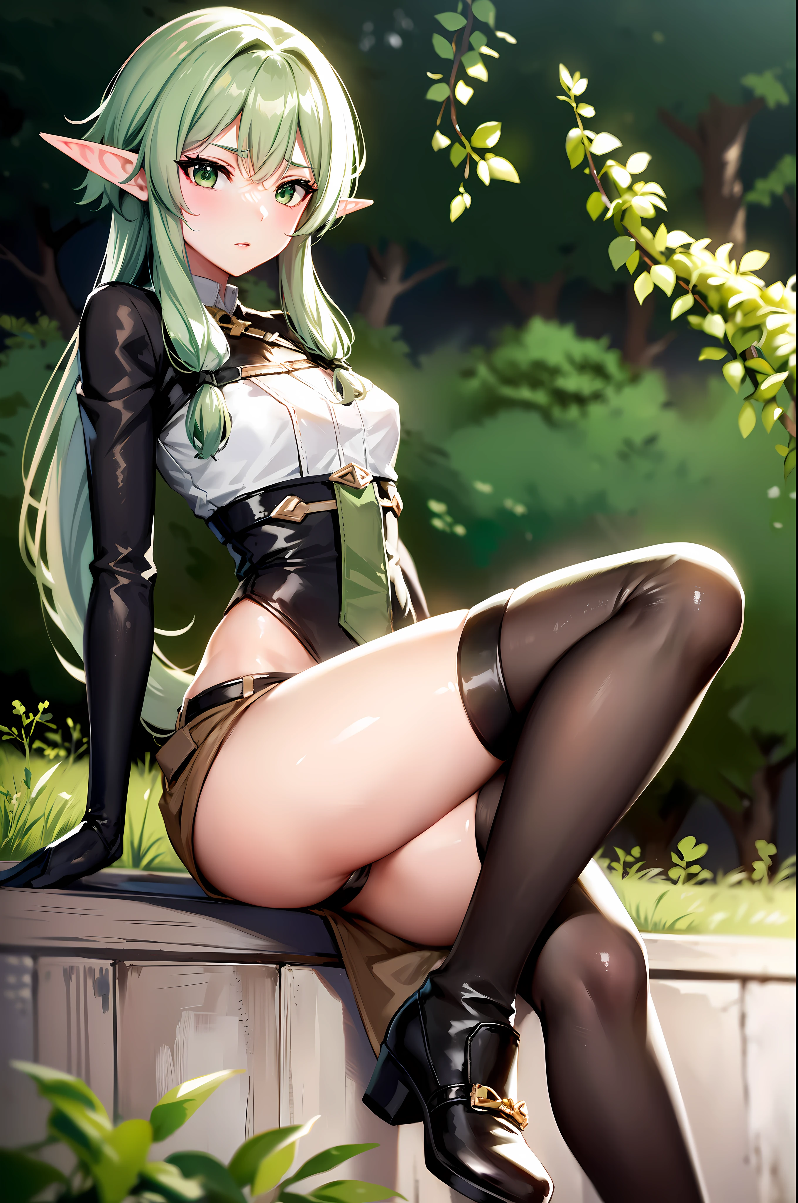 highelfarcher, high elf archer, elf, (green eyes:1.5), Green hair, hair between eyes, long hair, pointy ears, side lock, break asymmetrical clothes, boots, elf, Gloves, green thighs,  shorts, thighs, break looking at viewer, break outdoors, (forest_background:1.3), break (masterpiece:1.2), best quality, high resolution, unity 8k wallpaper, (illustration:0.8), (beautiful and delicate eyes:1.6), very detailed face, perfect lighting, Highly detailed CG, (perfect hands, complete anatomy), (sexy:1.4), (cute_chest), alone, 1 woman , seat