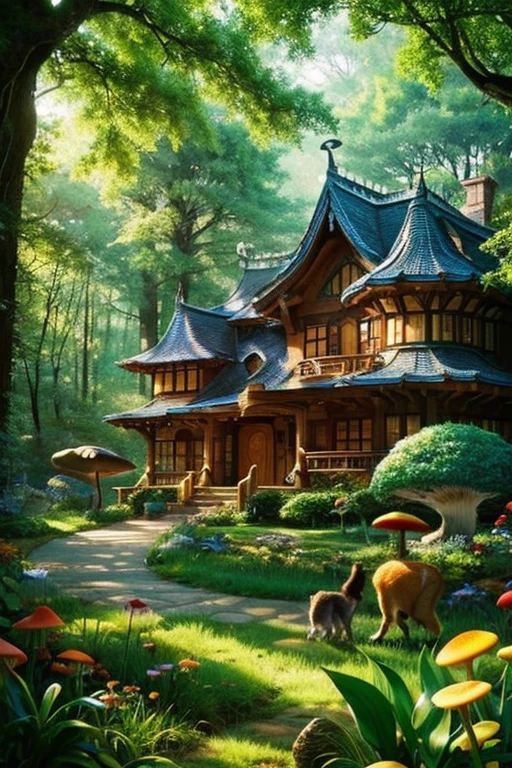 fantasy house in the forest、mushroom、Cat