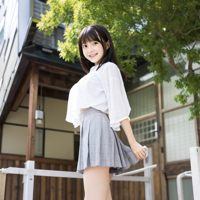 a 18 year old girl、a small face、Alafed Asian girl in uniform standing on sidewalk, a girl is standing, Teeth visible with a smile、The body is turned forward、Plaid super mini skirt、Realistic Young Gravure Idol, a hyperrealistic schoolgirl, taken with sony alpha 9, Japan beautiful girl, Young Gravure Idol, a hyperrealistic schoolgirl, Young Pretty Gravure Idol, (From below:1.4),