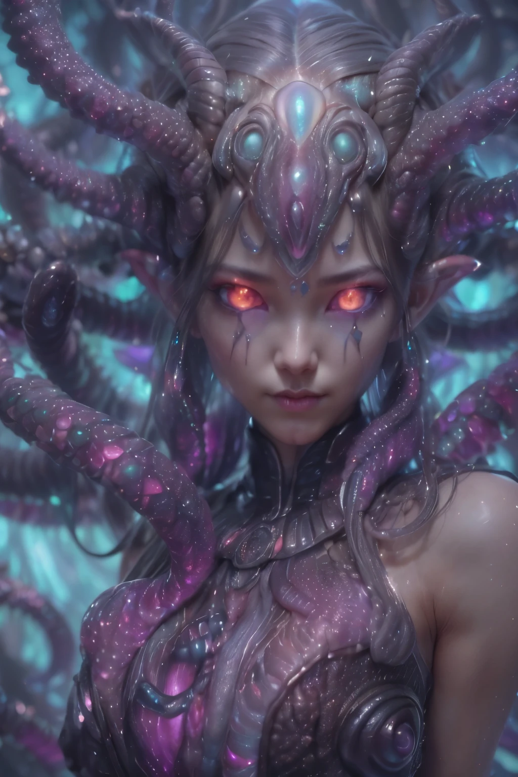 (1 beautiful and obscene female alien:1.4), (There is a female genital-like organ in the middle of her forehead:1.95), She has medusa-like hair, (there are lots of translucent tentacles from her head like her hair:1.5), (vulgarity1.7), (she is looking at viewers with glowing red eyes with no pupils:1.6), (She has translucent pale skin:1.4),(She has the most beautiful face in the history of the universe:1.2), (She has multiple bioluminescent organs on the side of her tentacles:1.4), (Her body is covered with an iridescent exoskeleton:1.4), (She is showing her arm pits:1.6), an evil gaze that seduces, (looking down at viewers:1.4),(Vampire-like long canine teeth can be glimpsed through the gap between the cute lips:1.4) (bio luminescent:1.4), (Smile wickedly:1.3), (sexypose:1.4), alien, No humans, cells are fused, extraterrestrial, cell, bio image, ultra high resolution, (photos realistic:1.7), (Numerous award-winning masterpieces, with incredible detail, textures and maximum detail), Dramatic Lighting, cinematic quality, (exquisite details:1.2), High freshness, drawing faithfully, (Thick eyebrows:1.2), Beautiful eyes with fine symmetry,(Highly detailed face and eyes:1.2),(Super detailed skin quality feeling:1.4), perfect anatomy, (Beautiful toned body:1.5), (Moist skin:1.2), not wearing makeup, (dark circles:1.1), long canines, cinematic drawing of characters, cinematic quality, (exquisite details:1.2), high resolution, High freshness, drawing faithfully, official art, Unity 8K Wall paper, ultra detailed artistic photography, midnight aura, unreal engine 5, Ultra Sharp Focus, art by Amano Yoshitaka, ArtGerm, ultra realistic realism, dream-like, Creation of fantasy, dream Snail, (biopunk nautilus:1.3),Thrilling color schemes, seductively smiling, Amazing mutation, well-proportioned body, goddess of the deep sea, fractal, Geometric pattern, impossible figures, subtle emerald green accents, (expression of ecstasy:1.4)