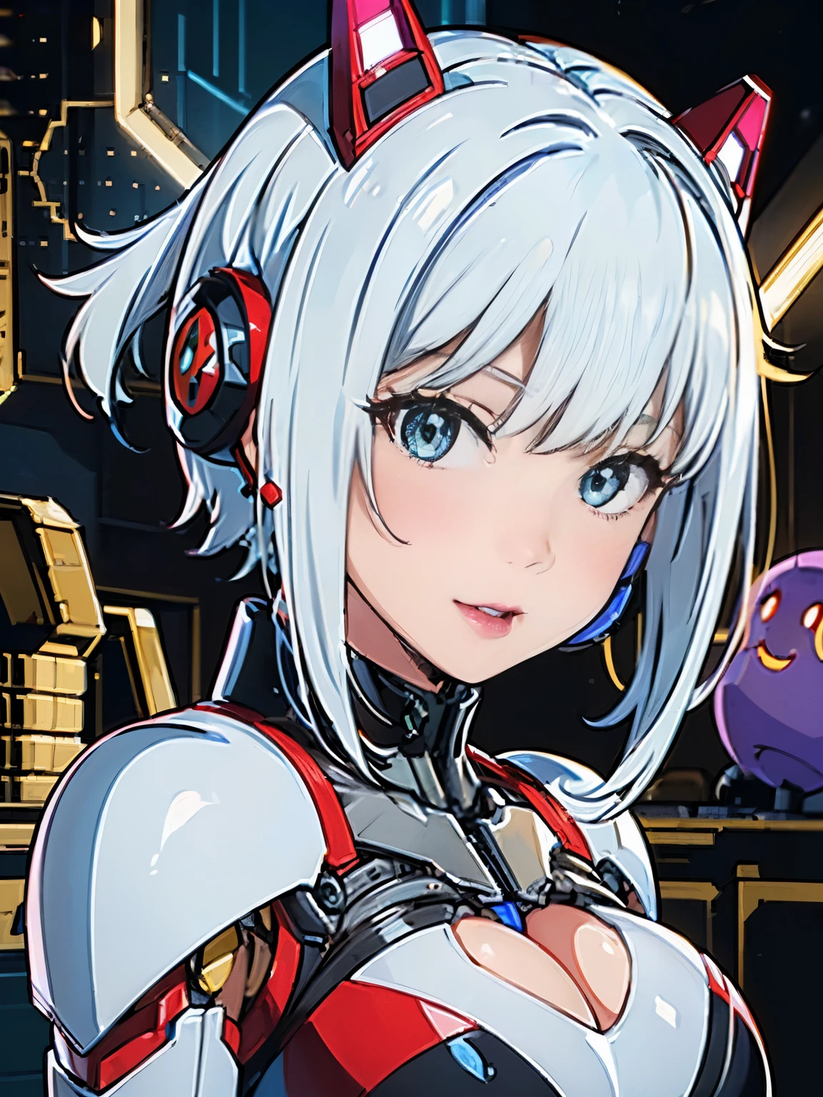 ((((alone:1.6))))、未来的な白い光沢のある重装甲robot suitを着た女の子が写真を撮る、perfect android girl, Gynoid cyborg heavily armored body, perfect anime cyborg woman, beautiful female android!, female robot, fully robotized girl, cute cyborg girl, robot suit, Girl wearing mechanical cyber armor, cyber suit, beutiful white girl cyborg, beautiful female android, beautiful girl cyborg、cute cyborg girl with short bob hair、Gravure Model Android Beautiful Girl、(laughter)、((Rounded white massive chest armor:1.8))、(((Mechanical headgear in both ears:1.6)))、(((robot girl)))、(((Beautiful Girls Android)))、(((Face waiting for kiss:1.6)))