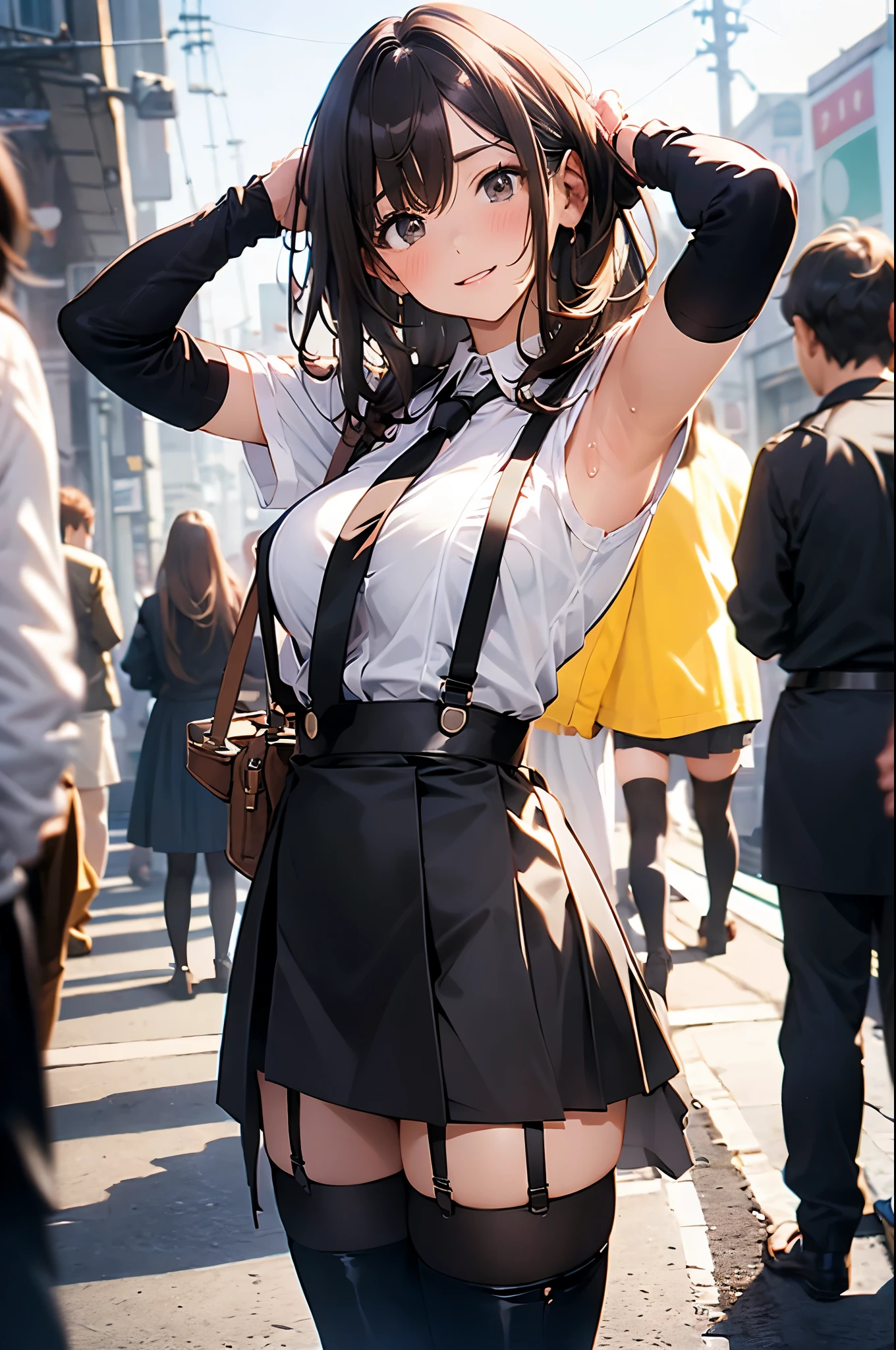 ((Perfect Anatomy)), Lifting up her skirt, Showing off her pussy, Watery eyes, Embarrassed, Sperm coming out of her pussy, Blushing woman, ((Superlative)), ((Masterpiece)), Cute adult woman , Beautiful face, Real body, Real eyes, Crying, Tears shed, See-through, White knee-highs, Panty shot, (Vaginal : 1.3) ), Wet panties that dig in, Spread legs, (Tucked up miniskirt: 1.3), Underboob, (Glossy Bold skin, sweating: 1.4), ((Crowd of middle-aged men, hands of men groping a woman's body: 1.5)), anal beads, slender,