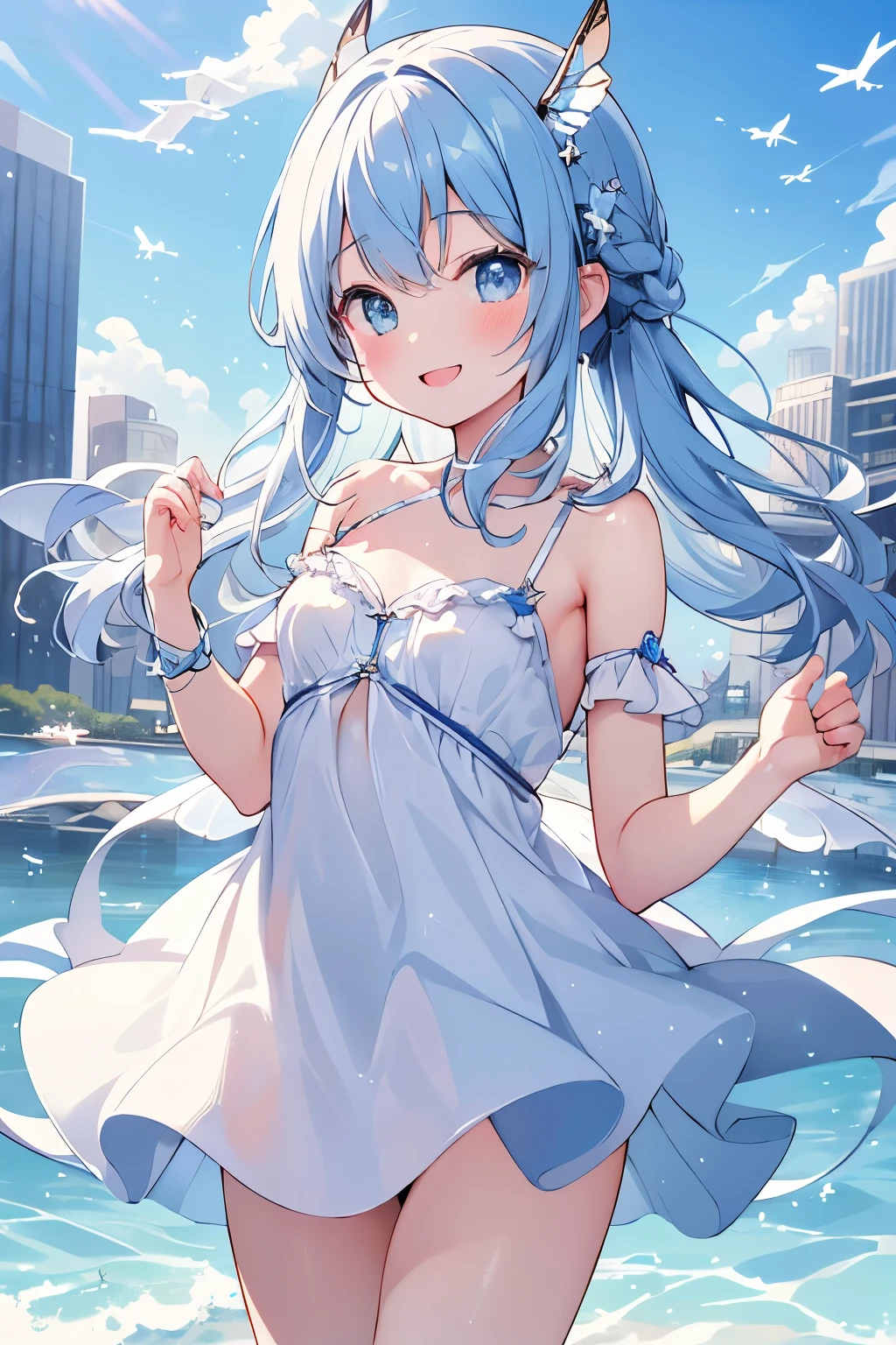 {{{masterpiece}}}, {{{highest quality}}}, NSFW:1.2,cowboy shot、((fly in the sky:1.3))、((floating in the air 2.0))、The city looks small、
15 year old girl、Magical girl、outdoor、blue sky、white wings、elaborate design、star shaped light、visual art、An illustration、black hair、shortcut、Bursting smile、high contract、best lighting、most detailed、cinematic angle、