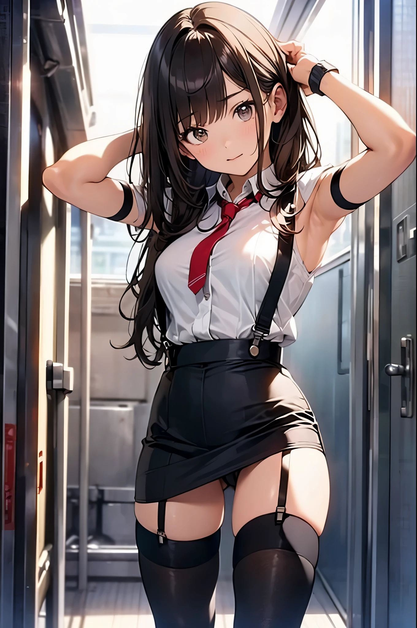 brown hair、looking at the viewer suspenders Bulging big breasts Black miniskirt garter belt knee high socks Gaze small face bangs Beauty hands up Gaze black boots provocation armpit sweat one person put your hands behind your back cutter shirt Panty shot