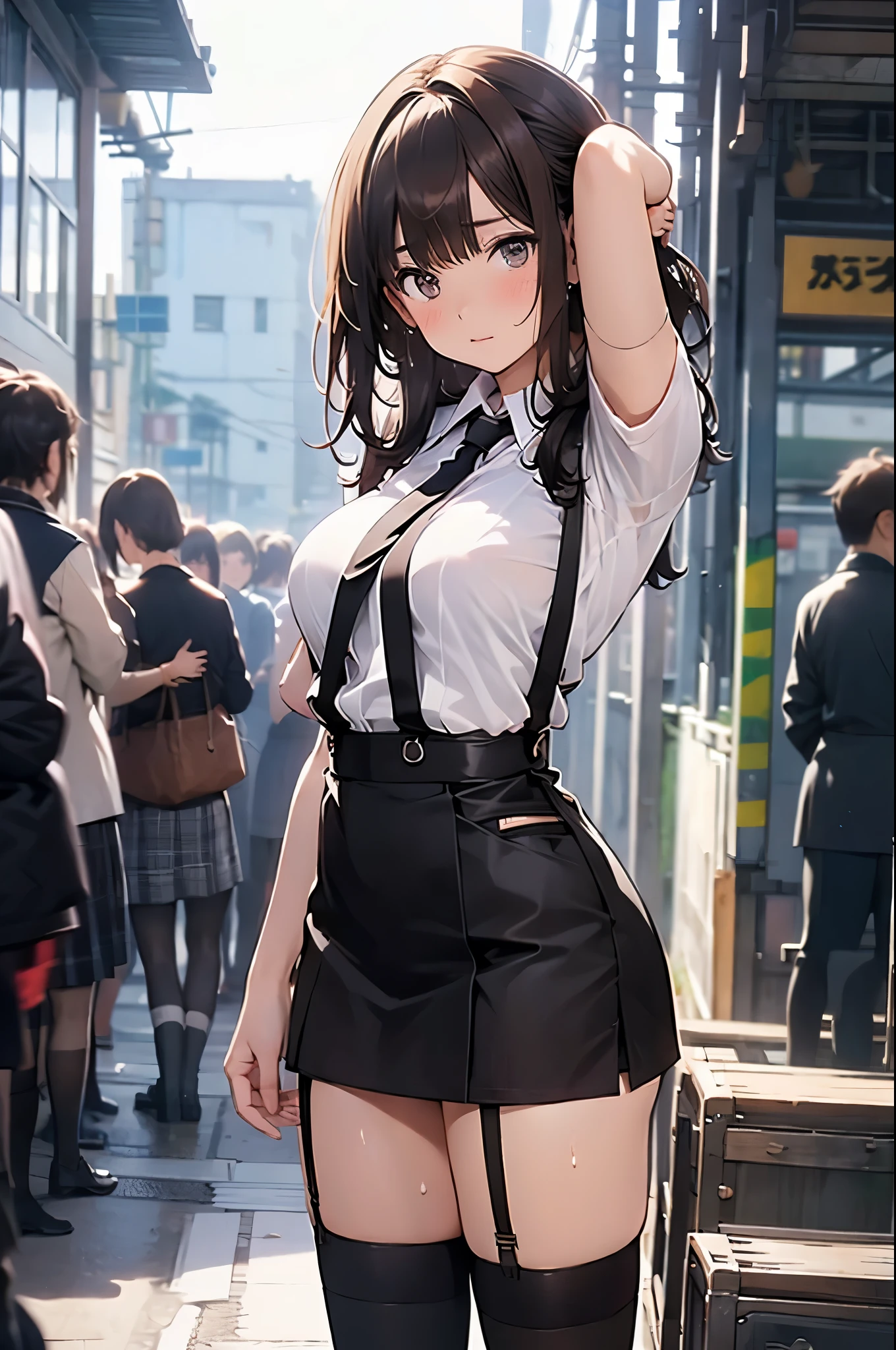 brown hair、looking at the viewer　　suspenders　　　Bulging big breasts　　 　 　　　　Black miniskirt　garter belt　knee high socks　　　　　　Gaze　　　small face　bangs 　　　　　Beauty　　hands up　　 　Gaze 　black boots 　provocation　　armpit sweat　one person 　　put your hands behind your back　cutter shirt　　Panty shot