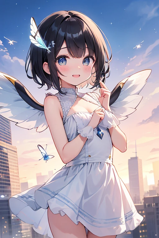 highest quality, pastel painting, Gentle atmosphere, Twin Girl Angel, cute, smile happily, brown short hair of different colors,,,, Blue-eyed ones, Green-eyed ones, different color dresses, flower hair ornament, Upper body, looking at the viewer, space, meteor, light,