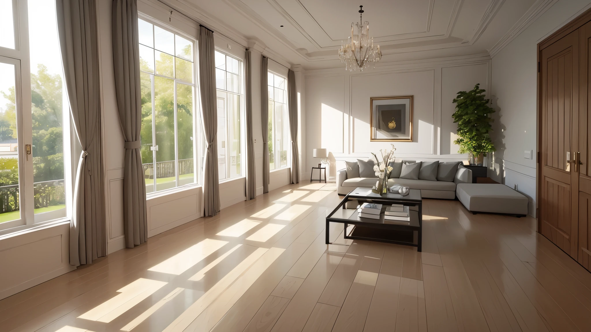 You are a famous interior designer、You have been asked to create a 3D image of a modern large room. Create a harmonious environment with modern and minimalist furniture. Including garden interior.
