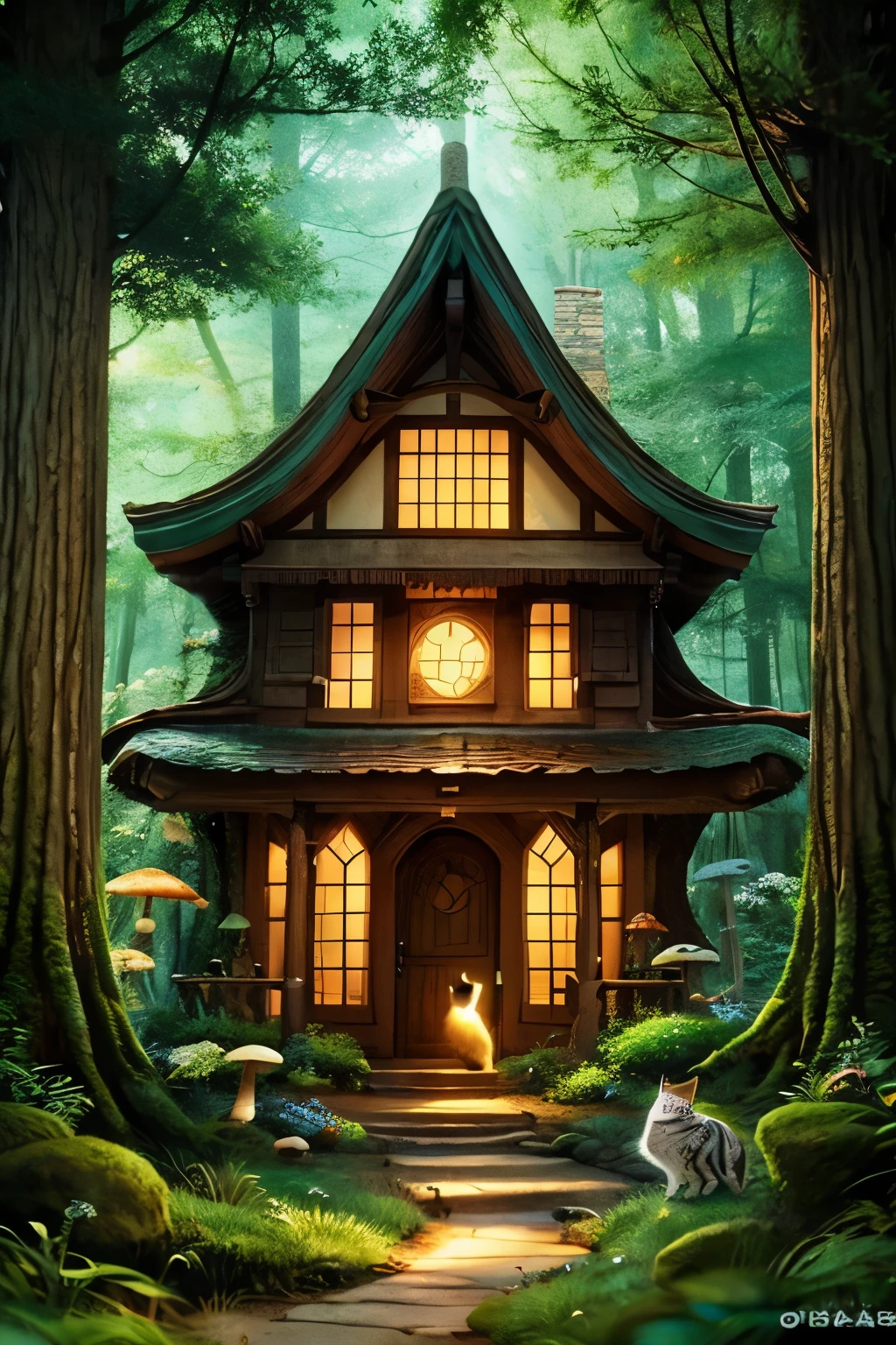 fantasy house in the forest、mushroom、Cat