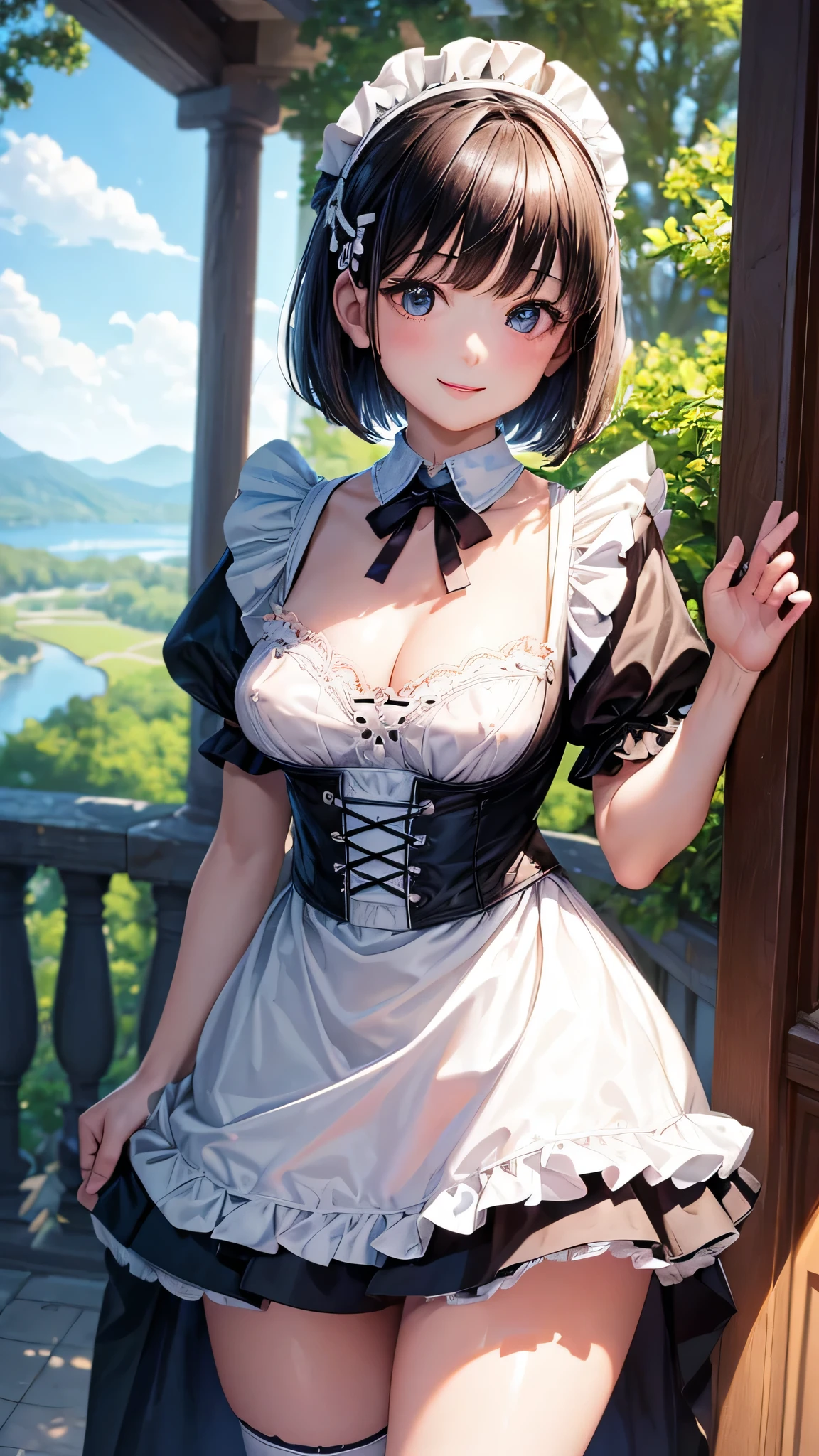 (Close-up:1.4)、(RAW shooting:1.2)、(photorealistic:1.4)、(masterpiece:1.3)、(highest quality:1.4)、solo、7 head and body、(slender and beautiful girl)、cute、(beautiful detailed eyes)、(charming big eyes)、(beautiful double eyelids)、(beautiful and detailed face)、(smile full of joy:1.3)、(Medium chest:1.2)、(cleavage)、(erect nipples:1.2)、(full body shot)、8K、(muste piece:1.2)、(pale blue hair、short bob:1.3)、(Bangs Patsun)、(headdress、white blouse、black ribbon、White Apron、ruffle skirt、puff sleeves、collar、choker、apron with fine ruffles:1.3)、White Knee High Socks、black maid costume、(Sexy model pose with chest sticking out:1.3)、cowboy shot、view audience、(small butt)、(beautiful hands)、(beautiful thighs)、cute系、(perfect anatomy:1.2)、ancient city、