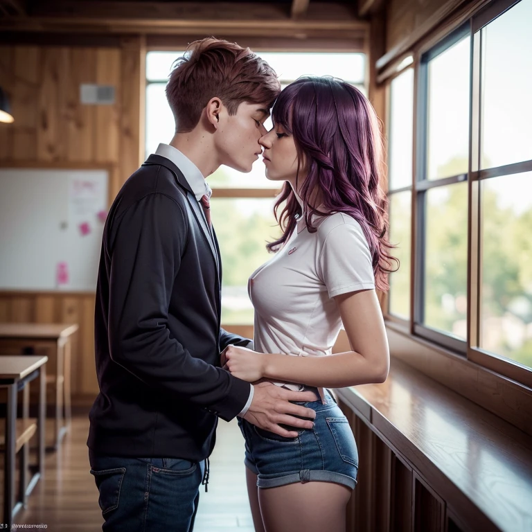 Girl and boy standing together, mateur woman big breast touching boy's face. Girl Long, purple hair, And a boyish short, red hair. They are both dressed in school uniforms. they kiss standing up in the classroom. GUY SHORT RED HAIR. ((The guy has short red hair))
(material:illustartion),(Best Quality,hight resolution,Masterpiece:1.2),Ultra-detailed,(Realistic,Photorealistic,photo-realistic:1.37)
(style of:in full height),(Vivid colors),(Soft color tones)
(Light:soft-lighting),(bokeh).