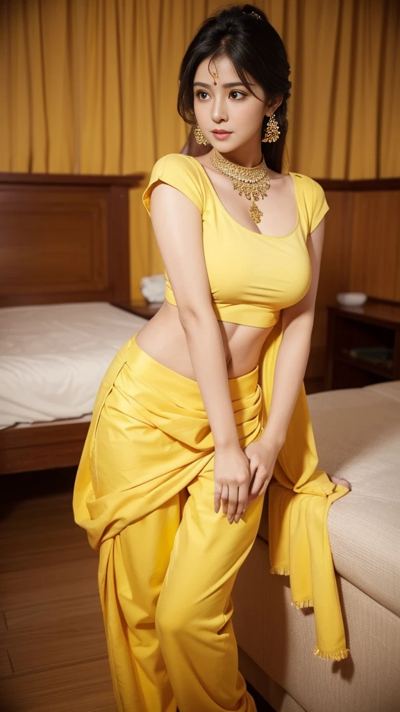 a woman in a yellow top and pants posing for a photo, indian, traditional beauty, lovely woman, sexy movie photo, very very beautiful woman, indian goddess, sexy girl, very attractive and beautiful, very beautiful woman, sexy girl with dark complexion, gorgeous beautiful woman, attractive girl, thick neck, sexy :8, busty, gorgeous woman