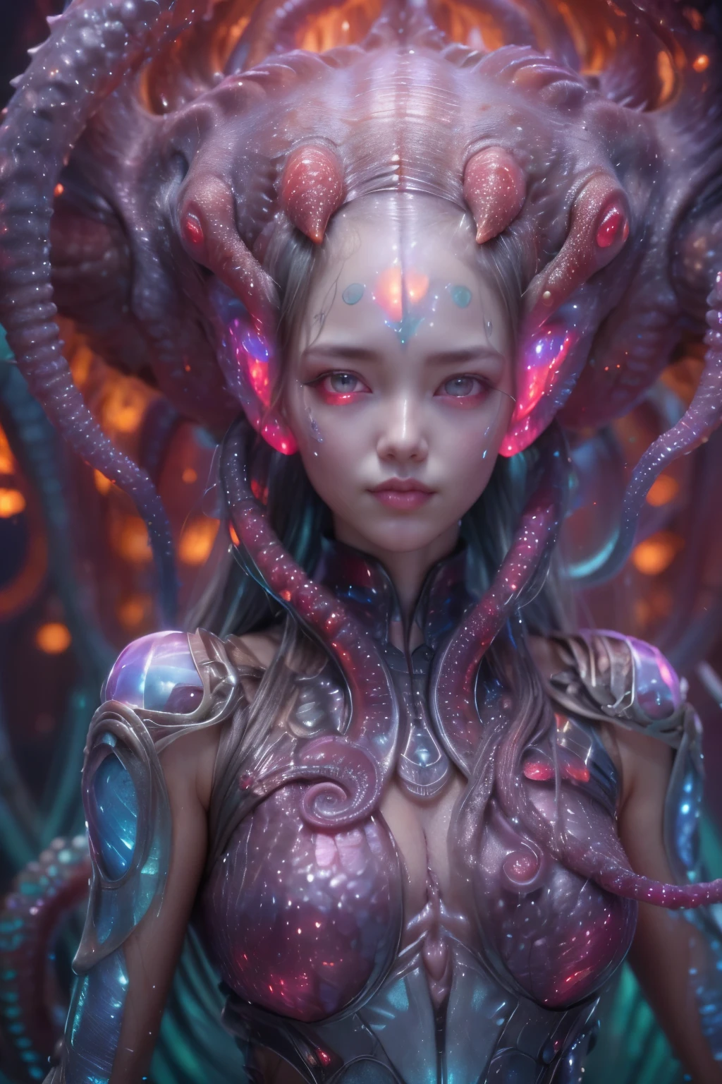 (1 beautiful and obscene female alien:1.4), (There is a female genital-like organ in the middle of her forehead:1.95), She has medusa-like hair, (there are lots of translucent tentacles from her head like her hair:1.5), (vulgarity1.7), (she is looking at viewers with glowing red eyes with no pupils:1.6), (She has translucent pale skin:1.4),(She has the most beautiful face in the history of the universe:1.2), (She has multiple bioluminescent organs on the side of her tentacles:1.4), (Her body is covered with an iridescent exoskeleton:1.4), (She is showing her arm pits:1.6), an evil gaze that seduces, (looking down at viewers:1.4),(Vampire-like long canine teeth can be glimpsed through the gap between the cute lips:1.4) (bio luminescent:1.4), (Smile wickedly:1.3), (sexypose:1.4), alien, No humans, cells are fused, extraterrestrial, cell, bio image, ultra high resolution, (photos realistic:1.7), (Numerous award-winning masterpieces, with incredible detail, textures and maximum detail), Dramatic Lighting, cinematic quality, (exquisite details:1.2), High freshness, drawing faithfully, (Thick eyebrows:1.2), Beautiful eyes with fine symmetry,(Highly detailed face and eyes:1.2),(Super detailed skin quality feeling:1.4), perfect anatomy, (Beautiful toned body:1.5), (Moist skin:1.2), not wearing makeup, (dark circles:1.1), long canines, cinematic drawing of characters, cinematic quality, (exquisite details:1.2), high resolution, High freshness, drawing faithfully, official art, Unity 8K Wall paper, ultra detailed artistic photography, midnight aura, unreal engine 5, Ultra Sharp Focus, art by Amano Yoshitaka, ArtGerm, ultra realistic realism, dream-like, Creation of fantasy, dream Snail, (biopunk nautilus:1.3),Thrilling color schemes, seductively smiling, Amazing mutation, well-proportioned body, goddess of the deep sea, fractal, Geometric pattern, impossible figures, subtle emerald green accents, (expression of ecstasy:1.4)