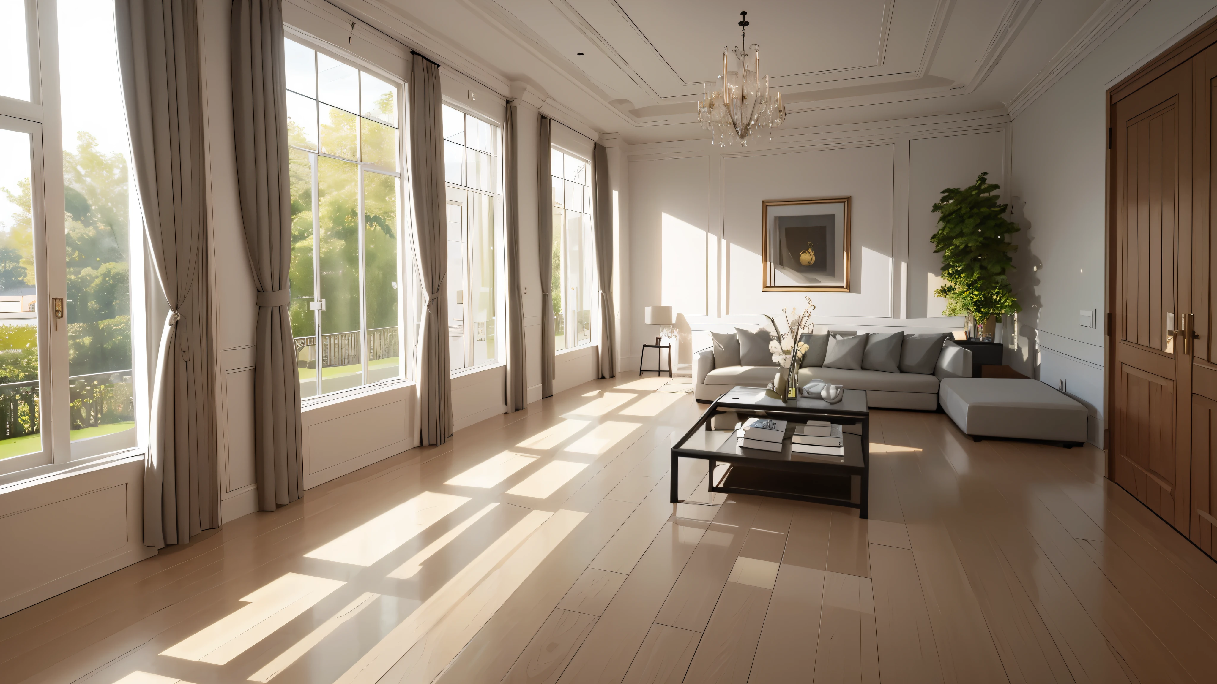 You are a famous interior designer、You have been asked to create a 3D image of a modern large room. Create a harmonious environment with modern and minimalist furniture. Including garden interior.
