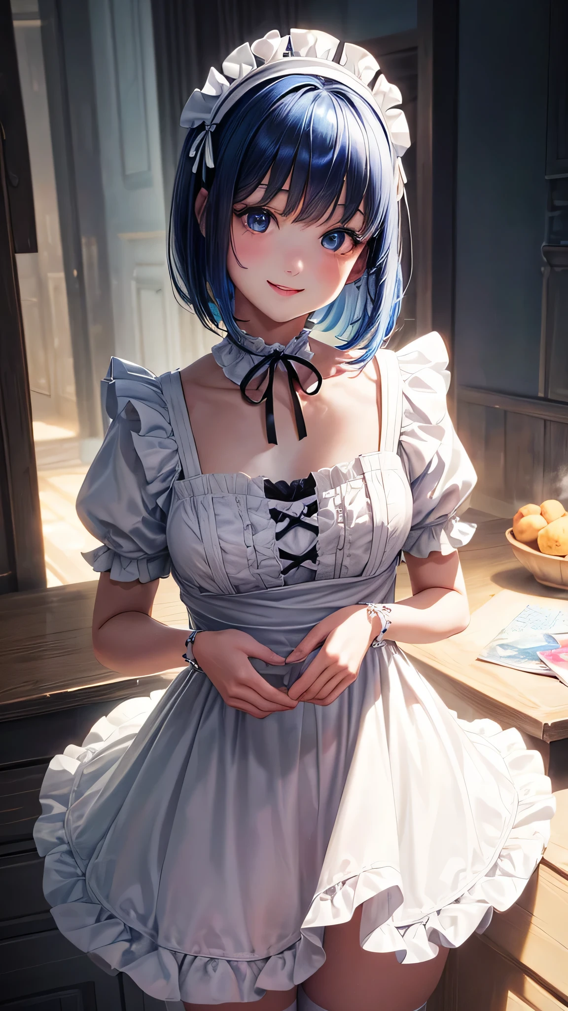 (Close-up:1.4)、(RAW shooting:1.2)、(photorealistic:1.4)、(masterpiece:1.3)、(highest quality:1.4)、solo、7 head and body、(slender and beautiful girl)、cute、(beautiful detailed eyes)、(charming big eyes)、(beautiful double eyelids)、(beautiful and detailed face)、(smile full of joy:1.3)、(Medium chest:1.2)、(cleavage)、(full body shot)、8K、(muste piece:1.2)、(pale blue hair、short bob:1.3)、(Bangs Patsun)、(headdress、white blouse、black ribbon、White Apron、ruffle skirt、puff sleeves、collar、choker、apron with fine ruffles:1.3)、White Knee High Socks、black maid costume、(Sexy model pose with chest sticking out:1.3)、cowboy shot、view audience、(small butt)、(beautiful hands)、(beautiful thighs)、cute系、(perfect anatomy:1.2)、ancient city、