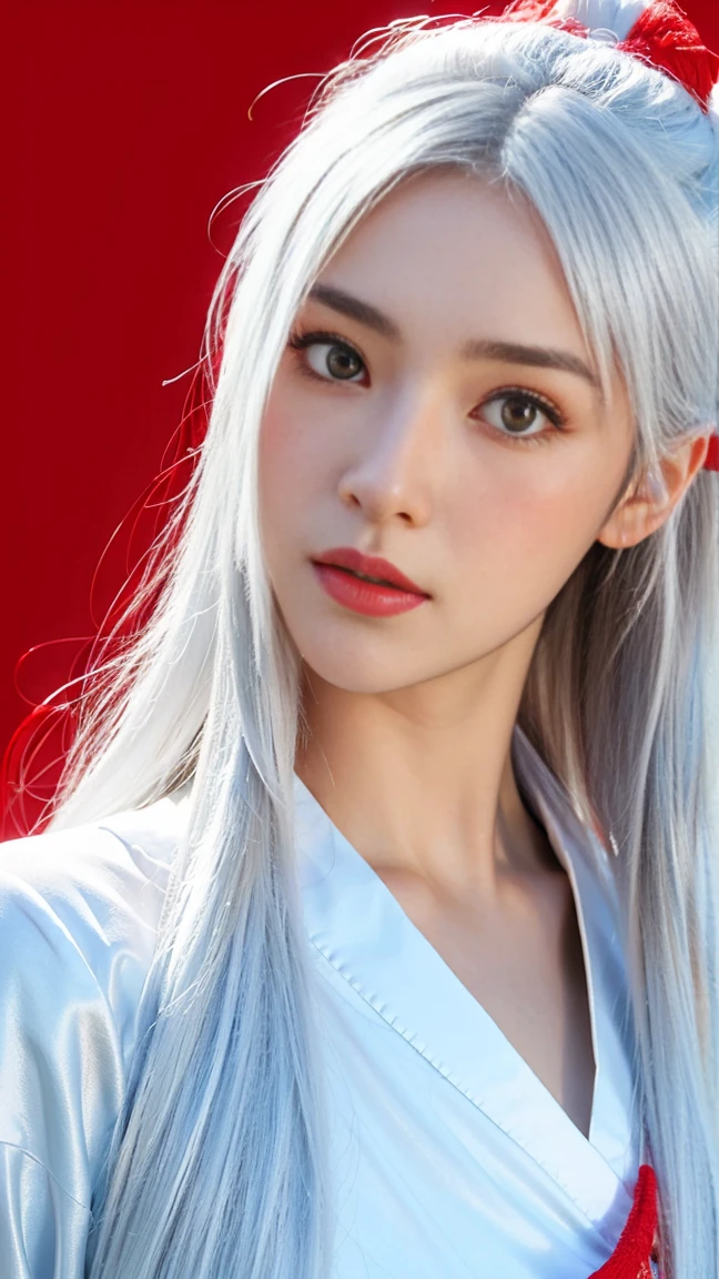 anime girl with white hair and a white mask with red designs, with kitsune mask, artwork in the style of guweiz, stunning anime face portrait, white cat girl, guweiz, trending on cgstation, realistic anime 3 d style, kitsune mask, kitsune mask on head, beautiful anime portrait, anime style. 8k, white - haired fox