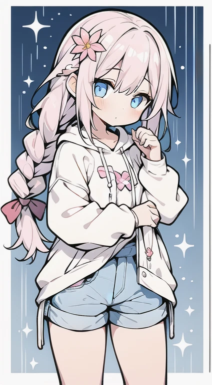 1 girl, whole body, Wearing jeans texture lace and pink shorts, Wearing a hoodie in yellow modern style fashion,Wet day, foggy, Slope, colorful hair, Separate from long hair with double braided pigtails々Bangs, Blue bright eyes, Big perfect eyes like diamonds, cute, Character Design, be familiar with, anime, formal, Flower patterns, Pink details with shine and brushes, clip studio paint, csp, PSD