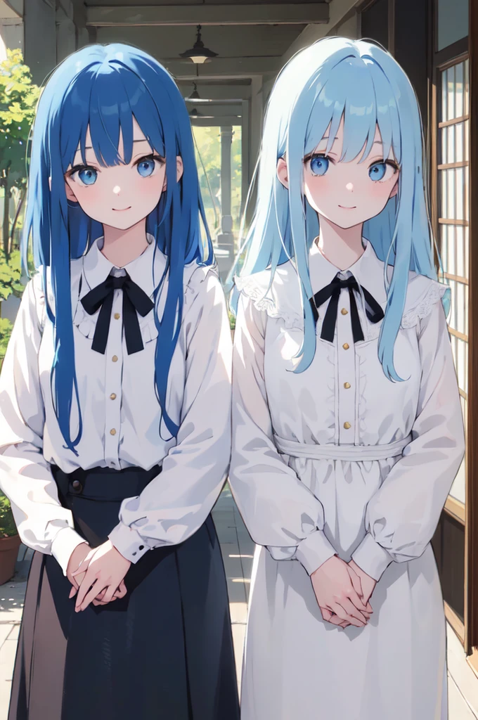 (masterpiece), (best quality), (ultra detailed),(disheveled hair),(illustration), ((twins sisters)(2woman)), one sister with long hair and one with short hair, standing, Fashion model, looking at viewer, (interview), (casual background),beautiful blue eyes, delicate beautiful face, ,(high saturation),(colorful splashes),(shining), kamisato ayaka, blue hair (shining), bangs, best lighting, best shadow. smiling