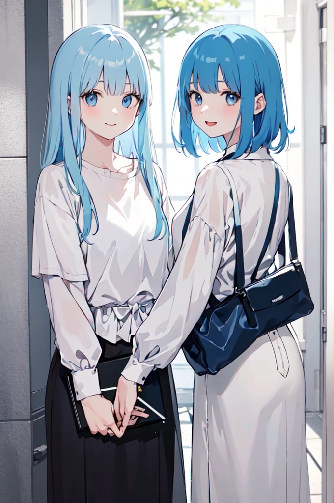 (masterpiece), (best quality), (ultra detailed),(disheveled hair),(illustration), ((twins sisters)(2woman)), one sister with long hair and one with short hair, standing, Fashion model, looking at viewer, (interview), (casual background),beautiful blue eyes, delicate beautiful face, ,(high saturation),(colorful splashes),(shining), kamisato ayaka, blue hair (shining), bangs, best lighting, best shadow. smiling