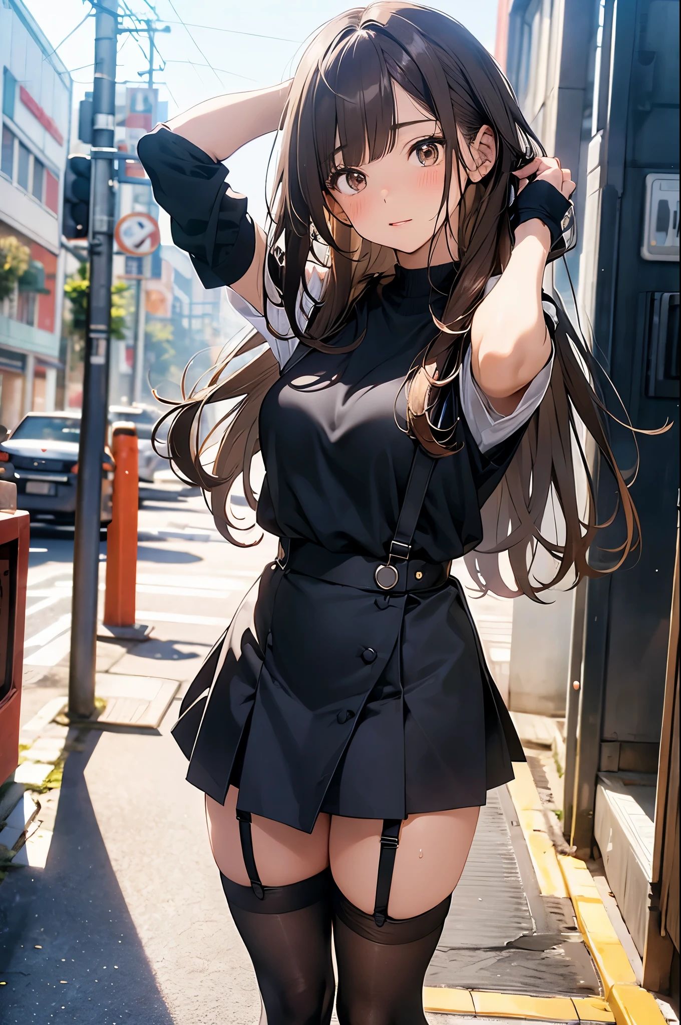 brown hair、looking at the viewer suspenders Bulging big breasts Black miniskirt garter belt knee high socks Gaze small face bangs Beauty hands up Gaze black boots provocation armpit sweat one person put your hands behind your back cutter shirt Panty shot