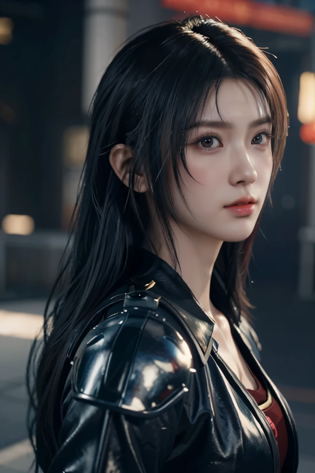 Game art，The best picture quality，Highest resolution，8K，(A bust photograph)，(Portrait)，(Head close-up)，(Rule of thirds)，Unreal Engine 5 rendering works， (The Girl of the Future)，(Female Warrior)， 22岁少女，(Female hackers)，(Rainbow hair，Ancient Oriental hairstyle)，((The pupils of the red eyes:1.3))，(A beautiful eye full of detail)，(Big breasts)，(Eye shadow)，优雅迷人，冷漠，((Anger))，(Cyberpunk jacket full of futuristic look，Joint Armor，There are exquisite Chinese patterns on the clothes，A flash of jewellery)，赛博朋克人物，未来风格， 拍照姿势，城市背景，Movie lights，Ray tracing，Game CG，((3D Unreal Engine))，oc渲染反射纹