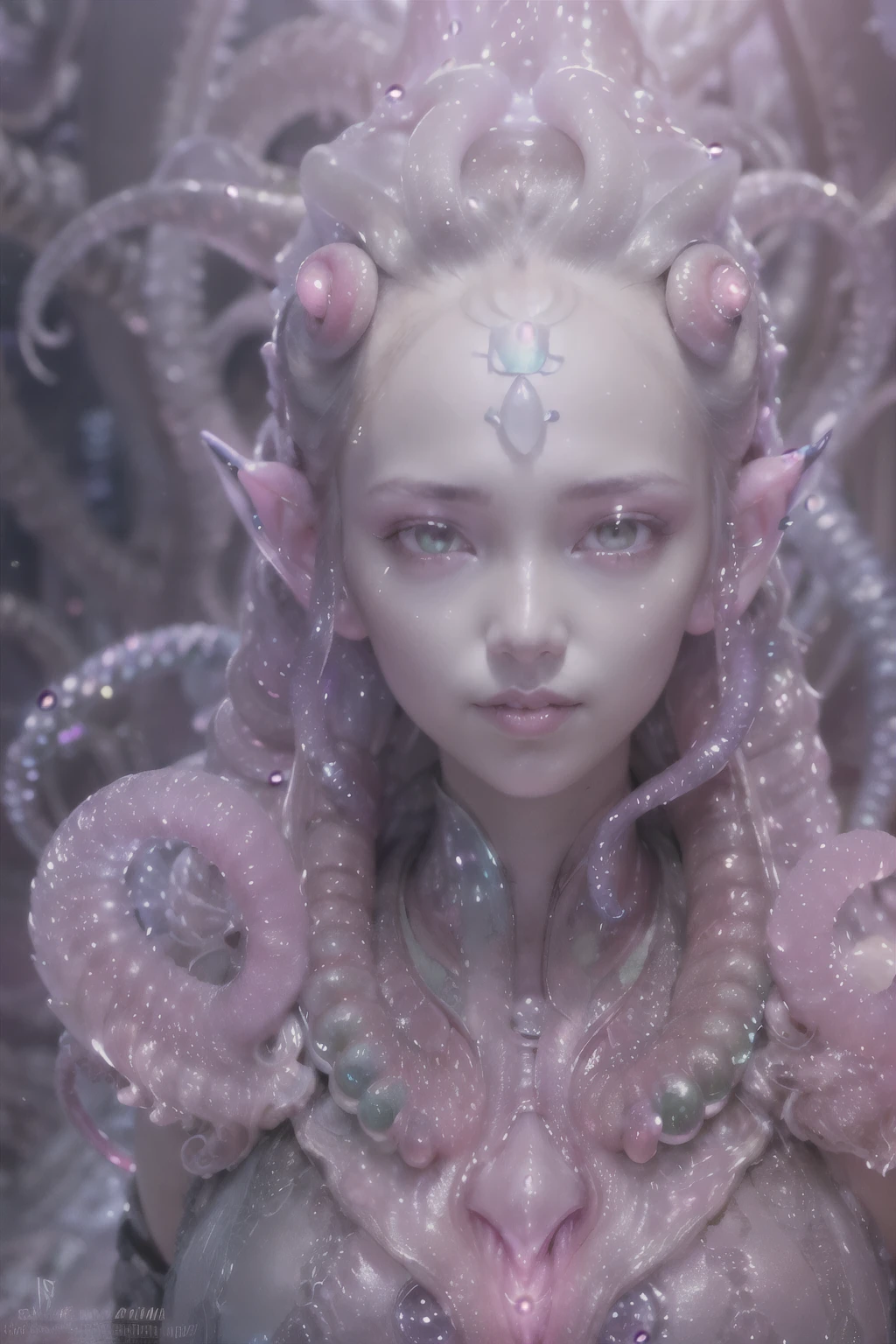 (A portrait of one beautiful and obscene female alien who is a young teenager:1.4), ((There is a female genital-like organ in the middle of her forehead:1.8)), (realistic face:1.2), (Numerous award-winning masterpieces, with incredible detail, textures and maximum detail), artistic photography, midnight aura, unreal engine 5, Ultra Sharp Focus, art by Amano Yoshitaka, ArtGerm, Roisch, intricate artwork, ultra realistic realism, high resolution, High freshness, drawing faithfully, official art, Unity 8K Wall paper, ultra detailed artistic photography, dream-like, Creation of fantasy, dream Snail, (biopunk nautilus:1.3),Thrilling color schemes, seductively smiling, Amazing mutation, well-proportioned body, goddess of the deep sea, fractal, Geometric pattern, impossible figures, (translucent white tentacles with luminescent organs:1.4), subtle emerald green accents, (smiling seductively:1.3),(She has the most beautiful face in the history of the universe:1.5), Penelope Cruz, (she is looking down at viewers with glowing iridescent eyes with no pupils:1.3), an evil gaze that seduces, cinematic lighting, (Vampire-like long canine teeth can be glimpsed through the gap between the cute lips:1.3), in the hall of the palace, Sweet breath is exhaling from beautiful lips, ecstatic expression