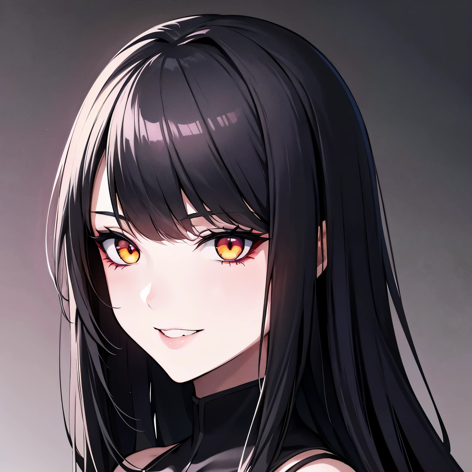 best quality, manga style, beautiful woman face, fear, horror-like smile, eyes and mouth painted in matte black, light up, background black, dark