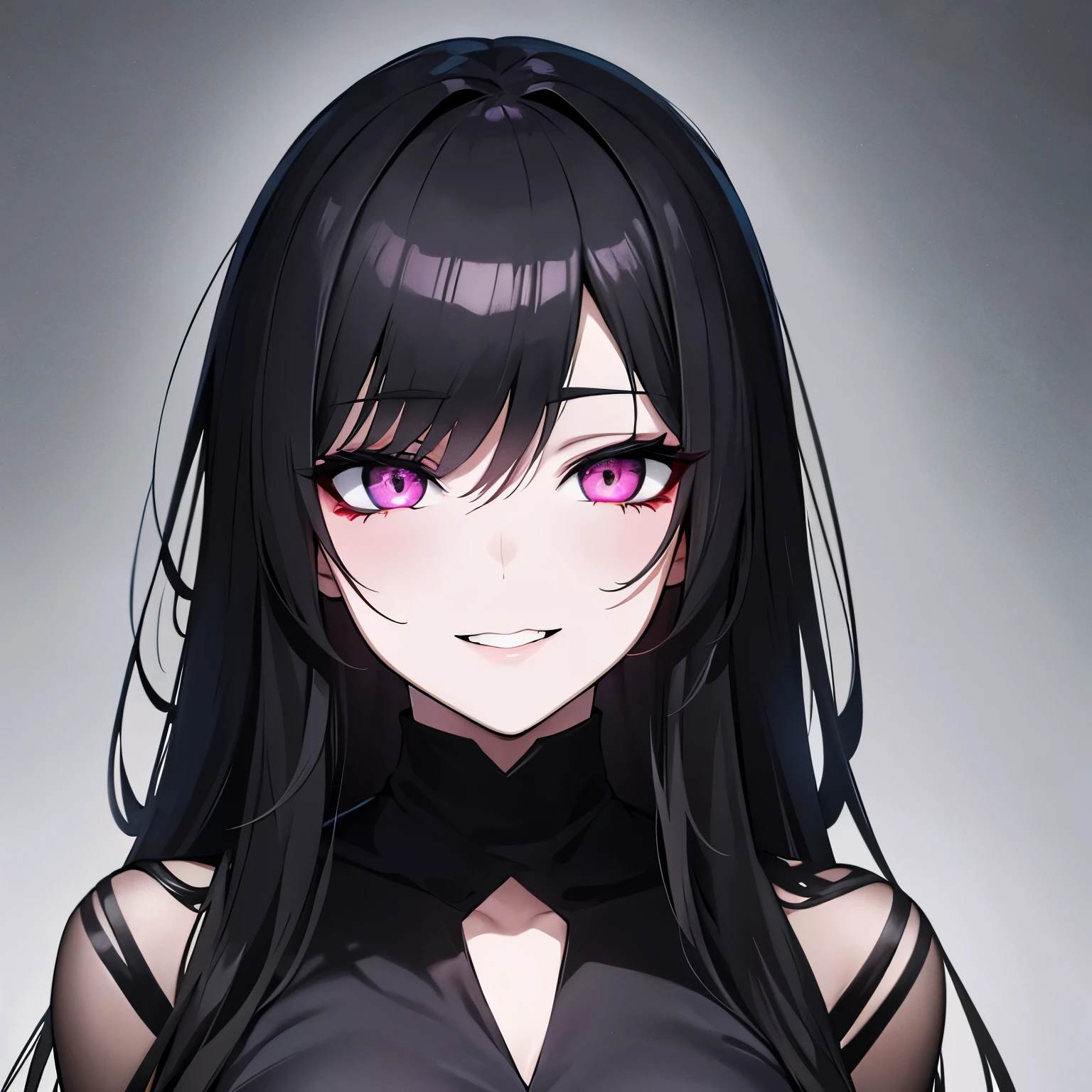 best quality, manga style, beautiful woman face, fear, horror-like smile, eyes and mouth painted in matte black, light up, background black, dark