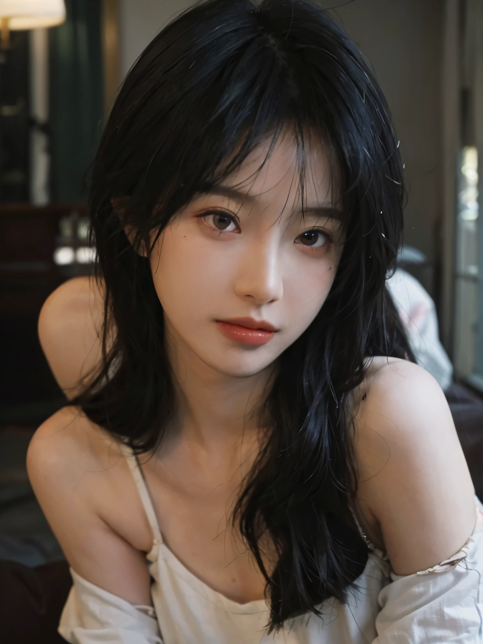 Film portrait photography, 2 girls, twin，bare shoulders, Shoulder length wavy hair, serene, calm, (Realistic and detailed eyes, natural skin texture, Realistic facial details), Soft dramatic lighting, depth of field, Bokeh, Vibrant details, detailed meticulous, hyper-realistic, 35mm film, hazy, ,