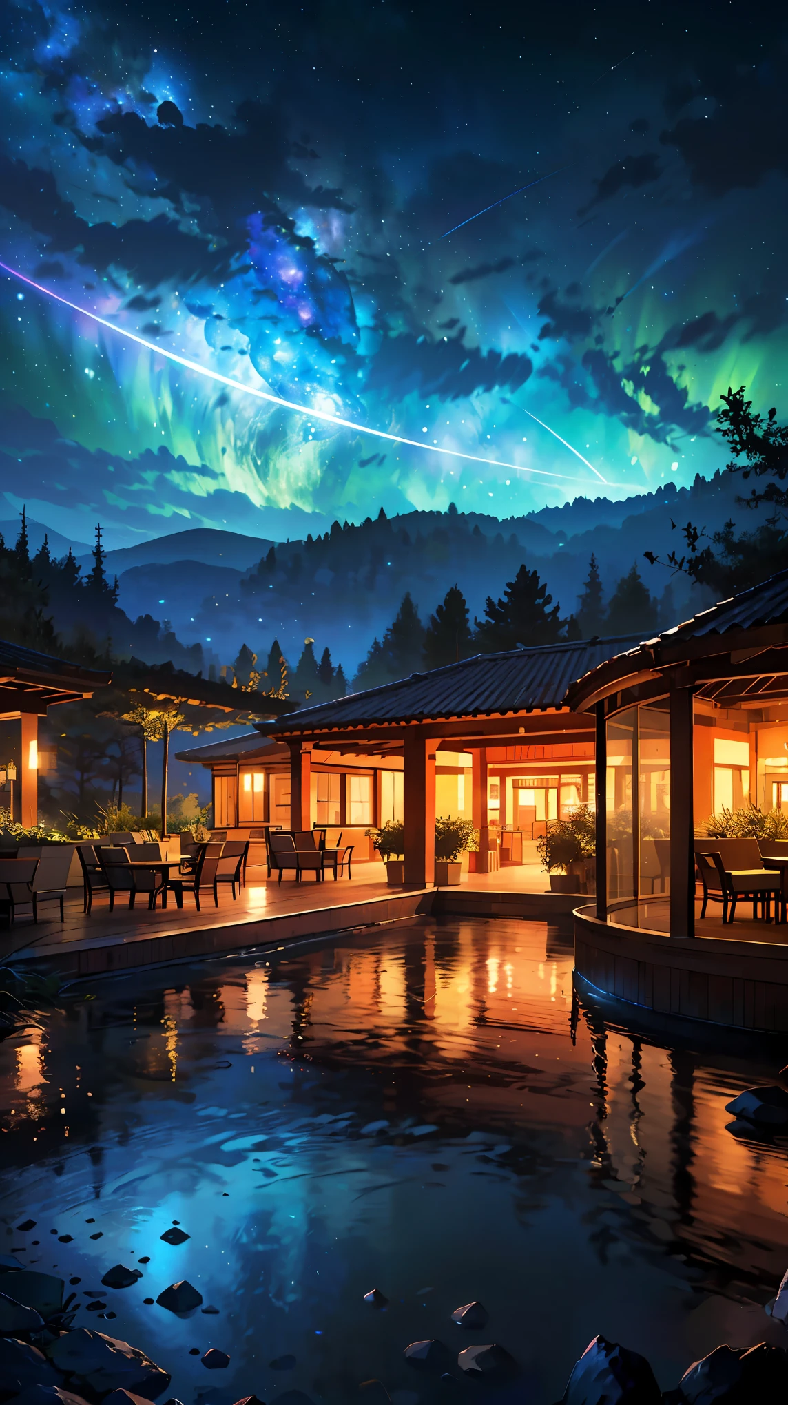 (highest quality, 4K, 8K, High resolution, masterpiece:1.2), super detailed, (realistic, photorealistic, photo-realistic:1.37), luxury space resort hotel, highly detailed landscape, Nice views, clear water, Amazing young ethereal figure, goddess of space and time, direct rotational energy, goddess of the universe, Relaxing lounge area, Impeccable service, delicious cocktails, Fine dining restaurant with panoramic views of the galaxy, Calm and quiet atmosphere, romantic, Soft and warm lighting that illuminates the surroundings, rich and vibrant colors, Luxury and sophistication, space girl, astral fairy, Scenery of a space resort in the near future,