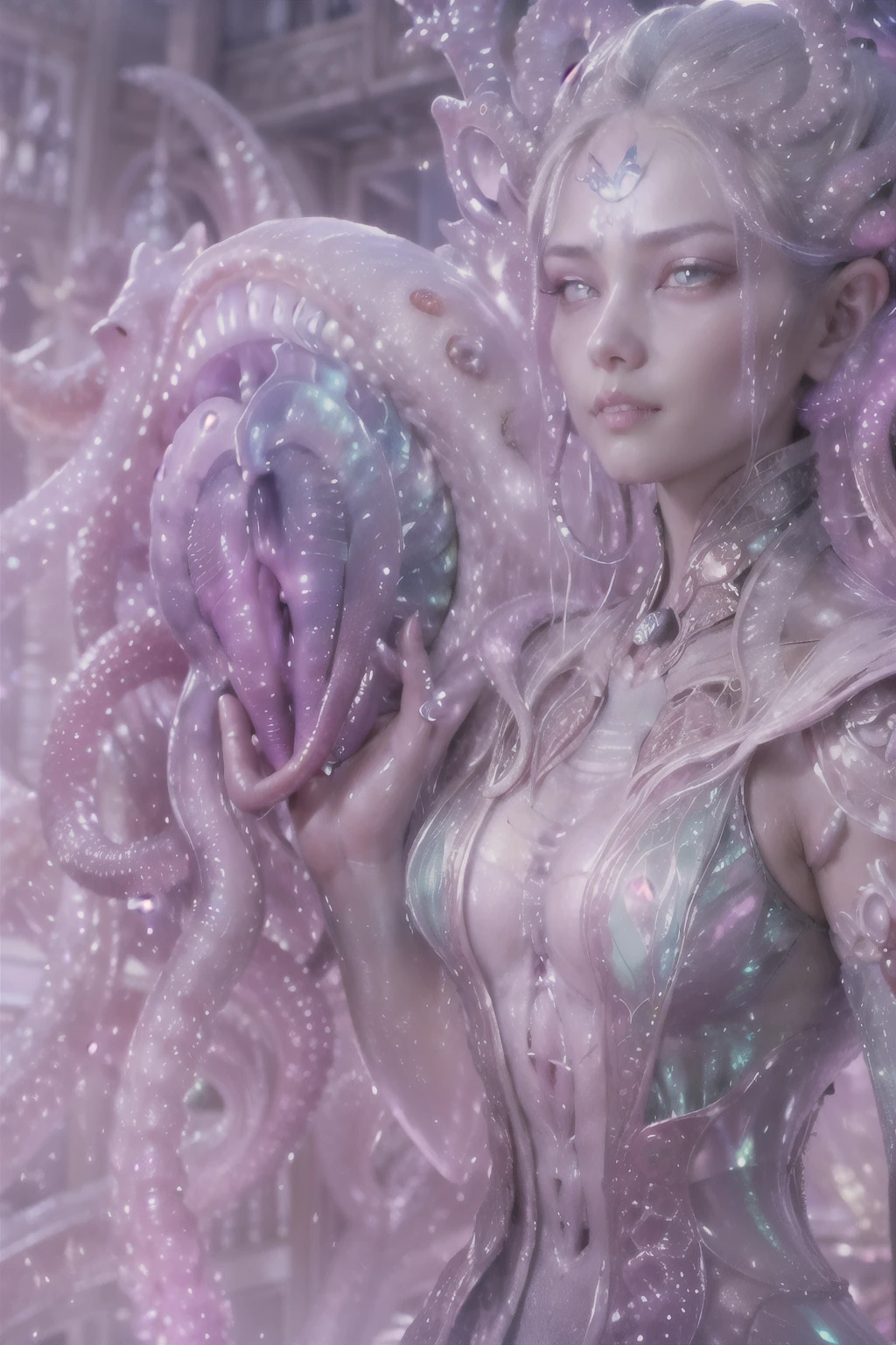(A portrait of the most beautiful and obscene female alien who is a young ager:1.4), ((There is a female genital-like organ in the middle of her forehead:1.8)), (realistic face:1.2), (the most sensual photos:1.4), (Numerous award-winning masterpieces, with incredible detail, textures and maximum detail), artistic photography, midnight aura, unreal engine 5, Ultra Sharp Focus, art by Amano Yoshitaka, ArtGerm, ultra realistic realism, high resolution, High freshness, Unity 8K Wall paper, ultra detailed artistic photography, dream-like, Creation of fantasy, dream Snail, (biopunk nautilus:1.3),Thrilling color schemes, seductively smiling, (having a lot of translucent white tentacles with luminescent organs:1.4), subtle emerald green accents, (smiling seductively:1.3),(She has the most beautiful face in the history of the universe:1.5), (she is looking down at viewers with glowing red eyes with no pupils:1.3), an evil gaze that seduces, cinematic lighting, (Vampire-like long canine teeth can be glimpsed through the gap between the lips:1.3), in the hall of the palace, Sweet breath is exhaling from beautiful lips, ecstatic expression, (sexy and sensual model posing:1.5)