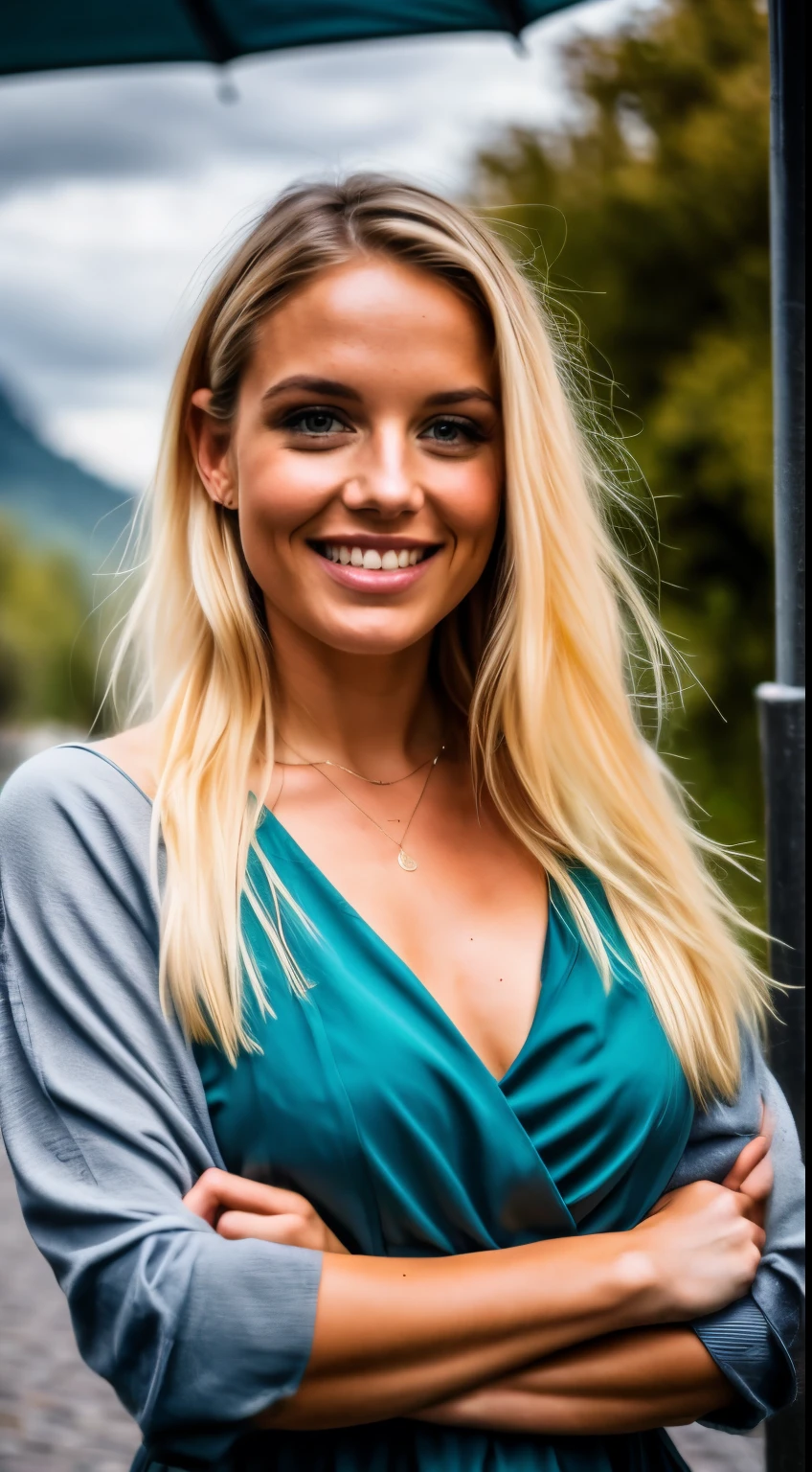 A 23 year old blonde woman, ((big )), ((Hyperrealismus)) ,. Blondes Haar mit hellbraunem Ansatz. blondes Haar, Haare mit braunen Wurzeln, extra langes Haar, sehr langes Haar, wirklich lange Haare, Nice, vorder ansicht, ((whole body can be seen)), it's outside, in der stadt, blue dress with long sleeves, entspannt, Happy, begeistert, happy, smiles, (with a very good quality), (Sehr detaillierte Haut:1.1), award-winning, Meisterwerk, 50-mm-Objektiv, ((hole body)), ROH, Analoger Stil, scharfer Fokus, 8K UHD, DSLR, Good quality, atmospheric perspective, 8k, super detail, ccurate, best quality, anatomically correct, high details, high quality,