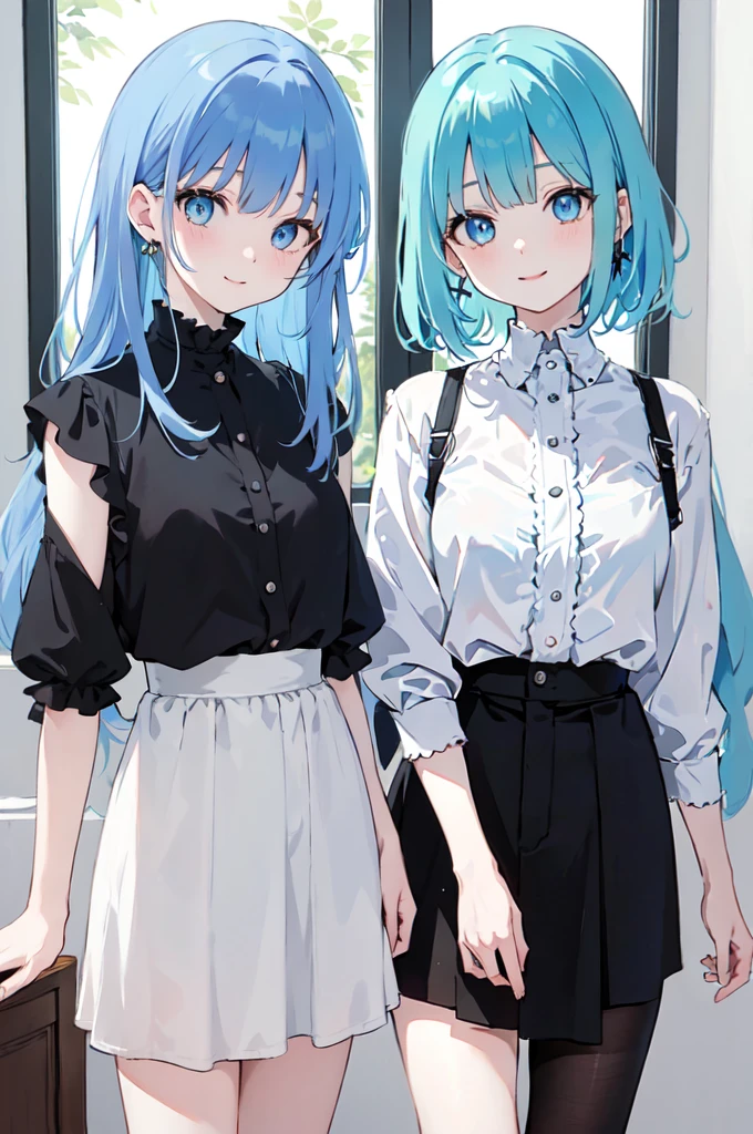 (masterpiece), (best quality), (ultra detailed),(disheveled hair),(illustration), ((twins sisters)(2woman)), one sister with long hair and one with short hair, standing, Fashion model ( modern clothes)( black clothes), looking at viewer, (interview), (casual background),beautiful blue eyes, delicate beautiful face, ,(high saturation),(colorful splashes),(shining), kamisato ayaka, blue hair (shining), bangs, best lighting, best shadow. smiling
