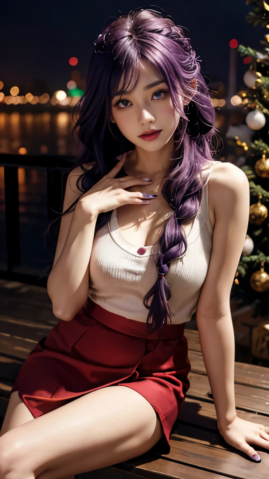 woman sitting、28 years old、purple messy hair、thick braid，purple eyes，Anatomically correct fingers、、Please look straight ahead and sing、(Turn your face forward:1.2)、Christmas、Santa girl costume、mini skirt