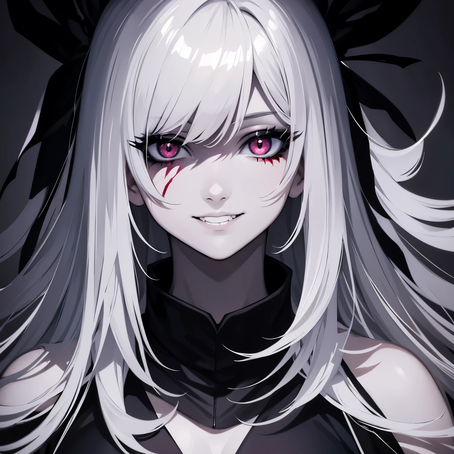A pretty demon girl with white hair and green eyes, wearing a black top with red skin, from.