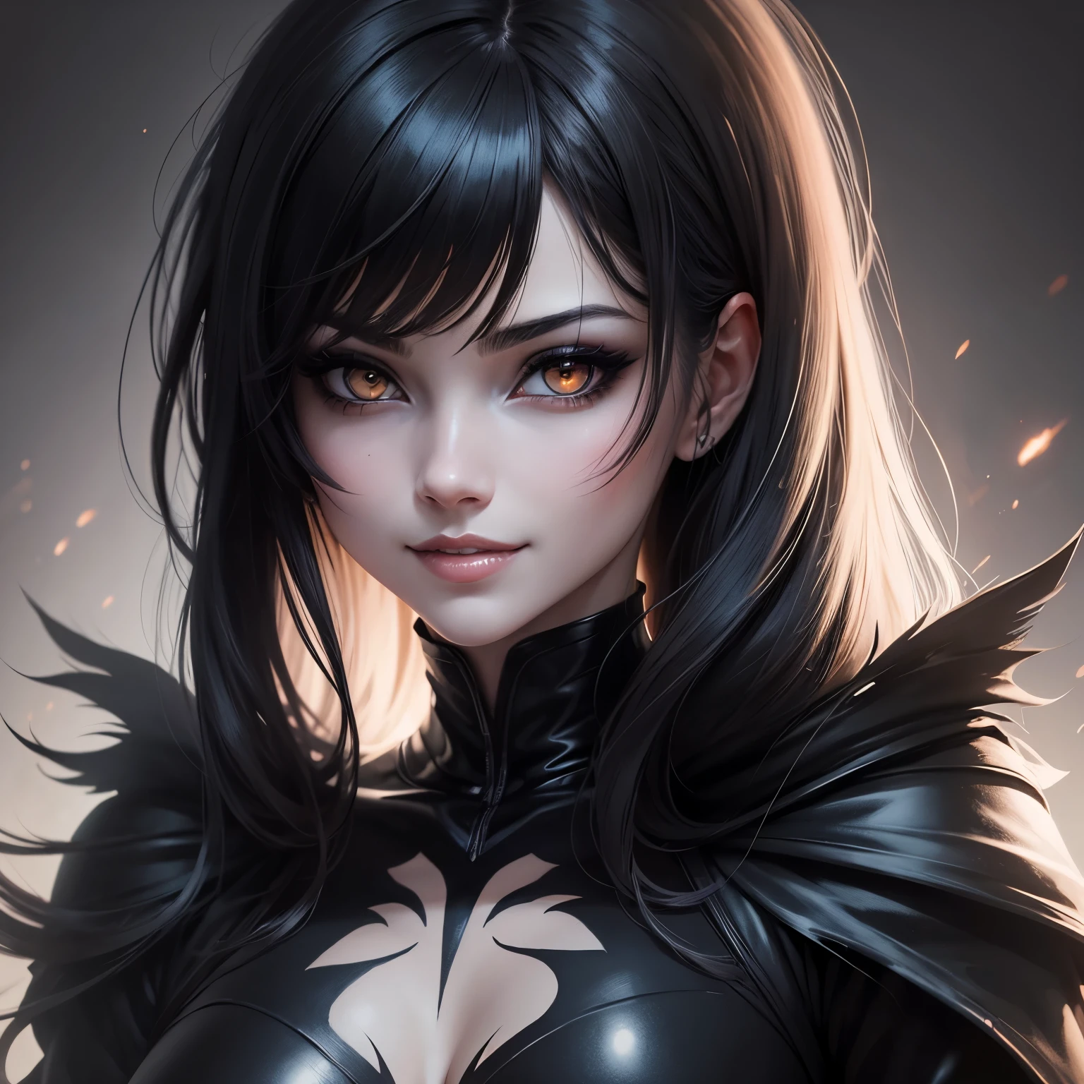 best quality, manga style, beautiful woman face, fear, horror-like smile, eyes and mouth painted in matte black, light up, background black, dark