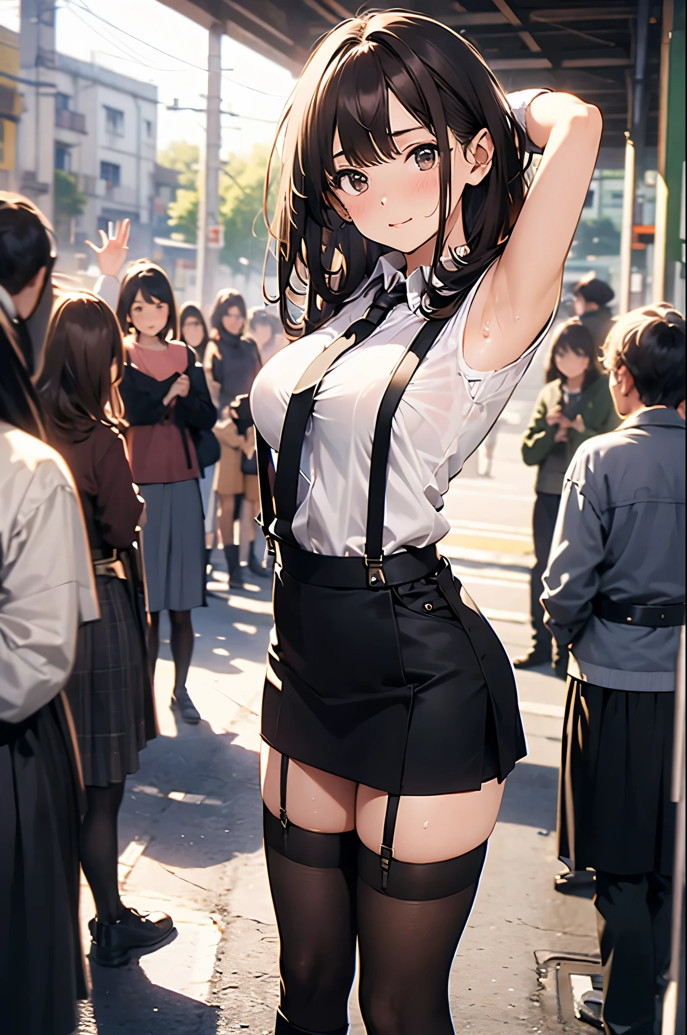 brown hair、looking at the viewer suspenders Bulging big breasts Black miniskirt garter belt knee high socks Gaze small face bangs Beauty hands up Gaze black boots provocation armpit sweat one person put your hands behind your back cutter shirt Panty shot