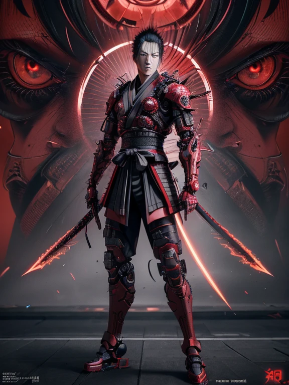 1 man,severe expression,glowing red eyes,samurai,full body,electromagnetic blade,cyborg,cyberpunk,realistic, sharp details, Intricでe details, ultra-realistic,digitally enhanced,3D References , 8K resolution, unapologetic grit, exposed exposed,sharp focus , UHD, 8K