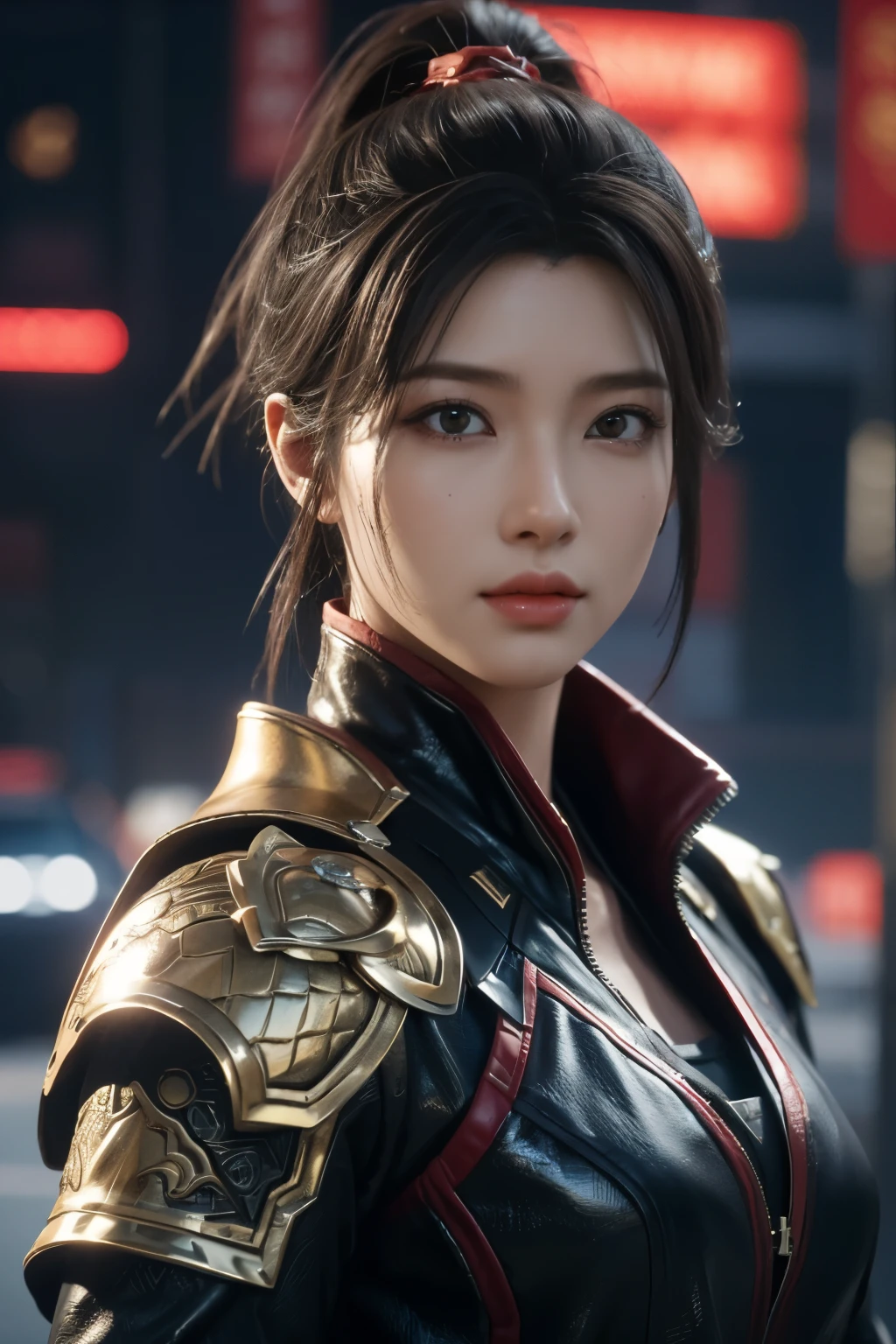 Game art，The best picture quality，Highest resolution，8K，(A bust photograph)，(Portrait)，(Head close-up)，(Rule of thirds)，Unreal Engine 5 rendering works， (The Girl of the Future)，(Female Warrior)， 22岁少女，(Female hackers)，(Short hair，Ancient Oriental hairstyle)，((The pupils of the red eyes:1.3))，(A beautiful eye full of detail)，(Big breasts)，(Eye shadow)，优雅迷人，冷漠，((Anger))，(Cyberpunk jacket full of futuristic look，Joint Armor，There are exquisite Chinese patterns on the clothes，A flash of jewellery)，赛博朋克人物，未来风格， 拍照姿势，城市背景，Movie lights，Ray tracing，Game CG，((3D Unreal Engine))，oc渲染反射纹