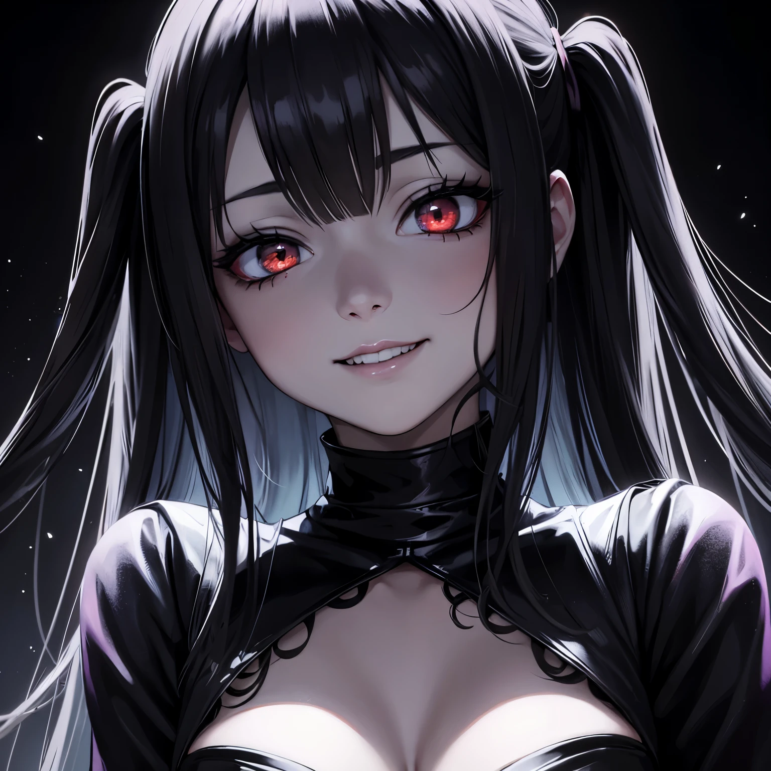 best quality, manga style, beautiful woman face, fear, horror-like smile, eyes and mouth painted in matte black, light up, background black, dark